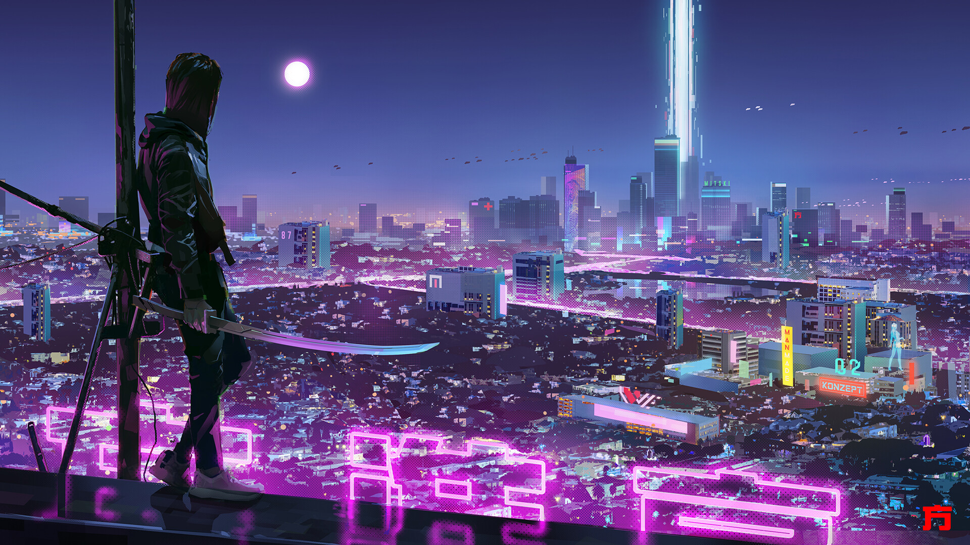 cyberpunk, futuristic, sci fi, city, cityscape, sword, woman warrior