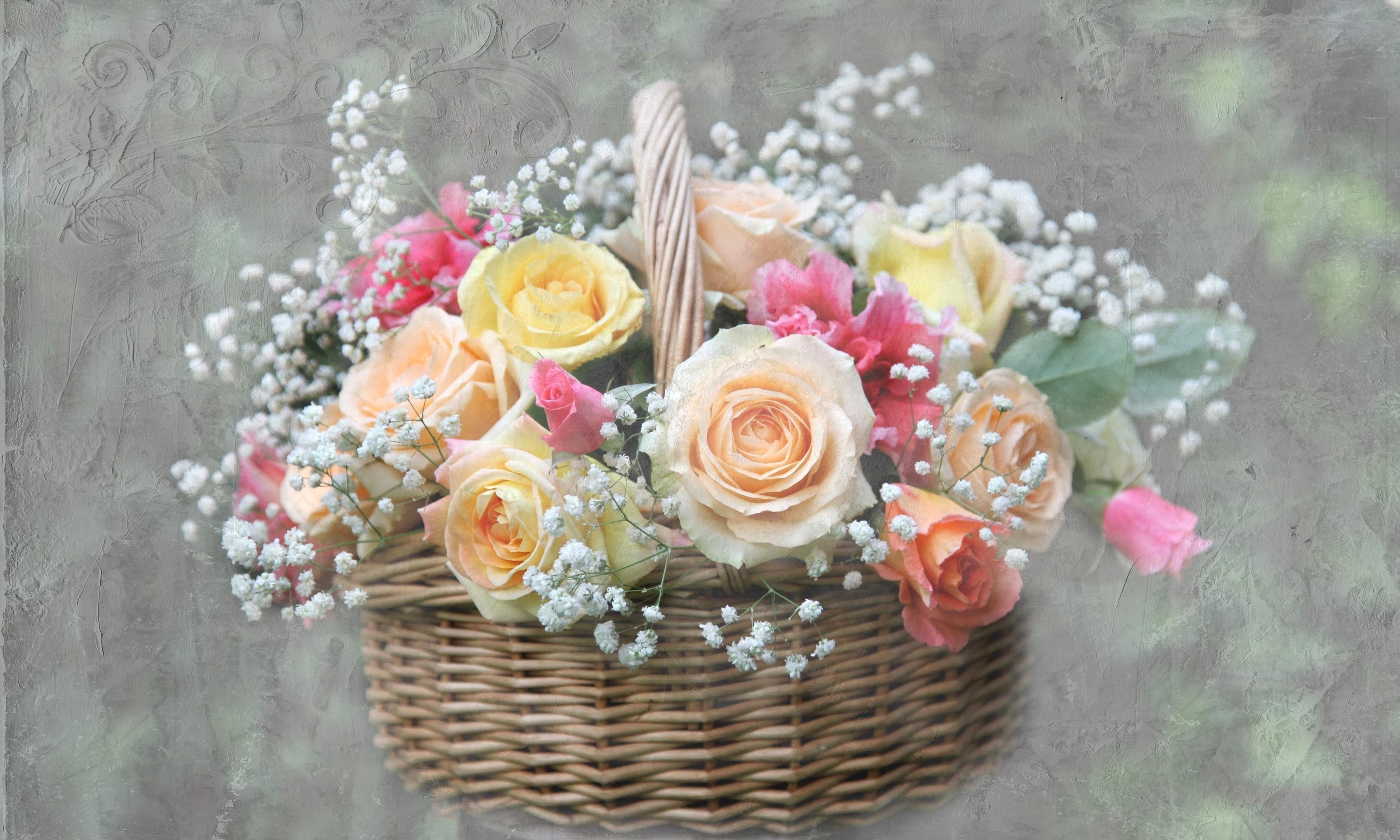 roses, flowers, gypsophilus, gipsophile, basket