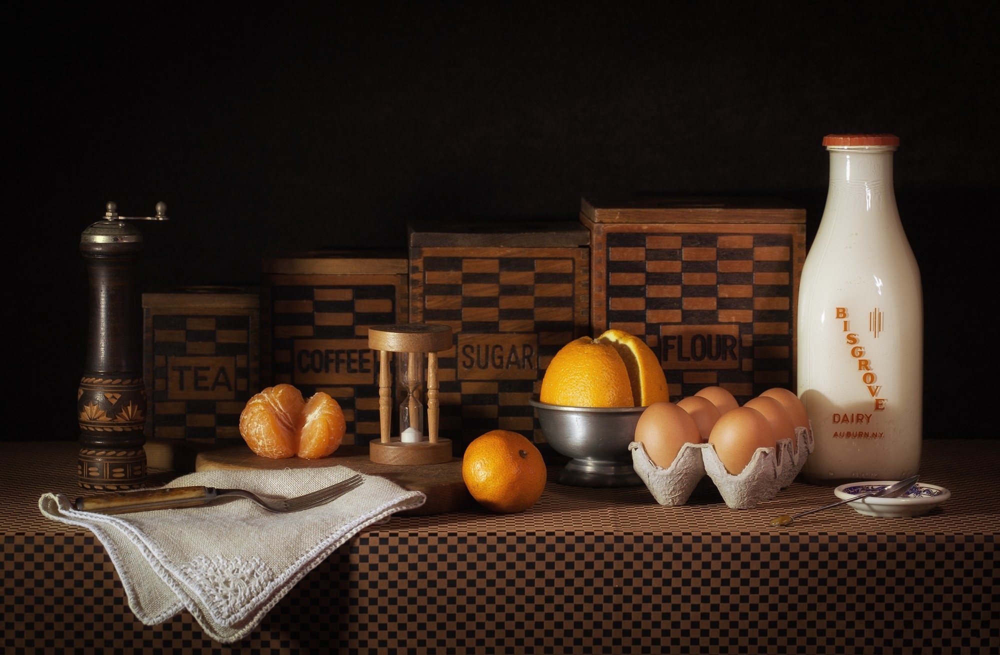 photography, still life, egg, flour, grinder, milk, orange (fruit)
