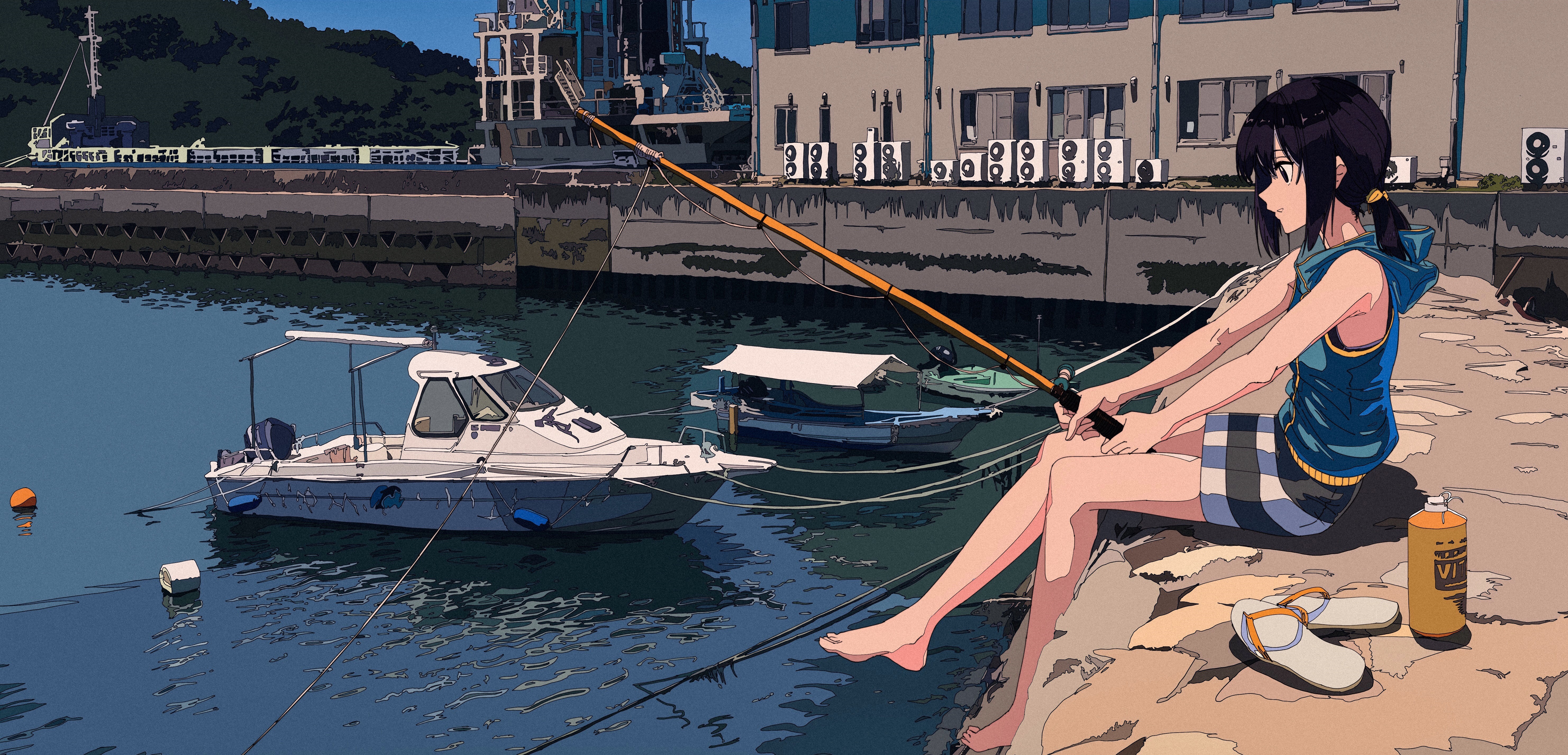 Download mobile wallpaper Anime, Boat, Hoodie, Fishing, Original, Feet, Black Hair, Short Hair, Black Eyes for free.