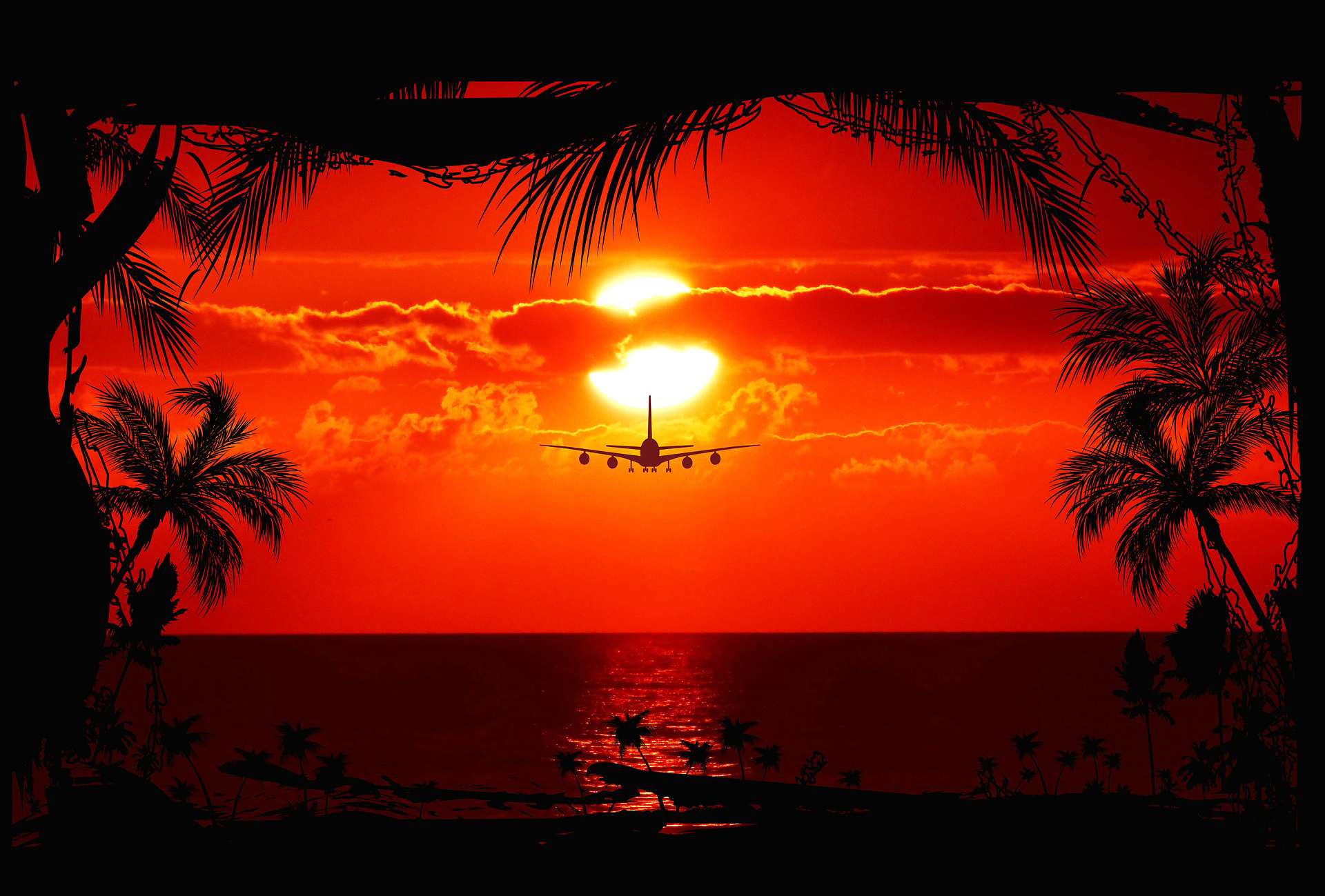 677642 免費下載壁紙 自然, 日落, 飞机, 云, 晚上, 航班, 棕榈 屏保和圖片