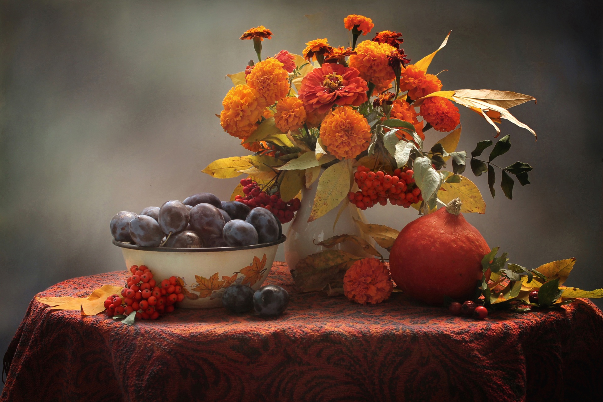 photography, still life, fall, flower, fruit, marigold, orange flower, plum, pumpkin