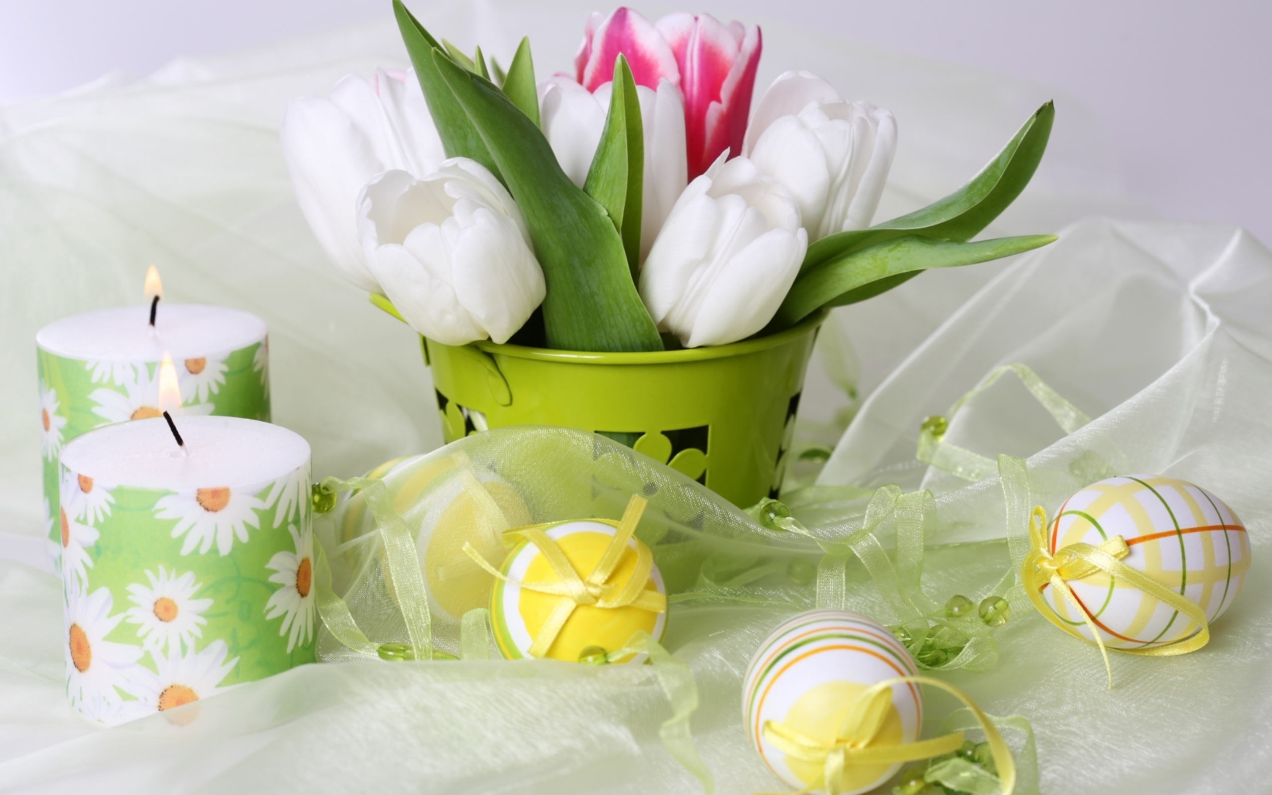 white flower, holiday, easter, basket, candle, colorful, egg, tulip 5K