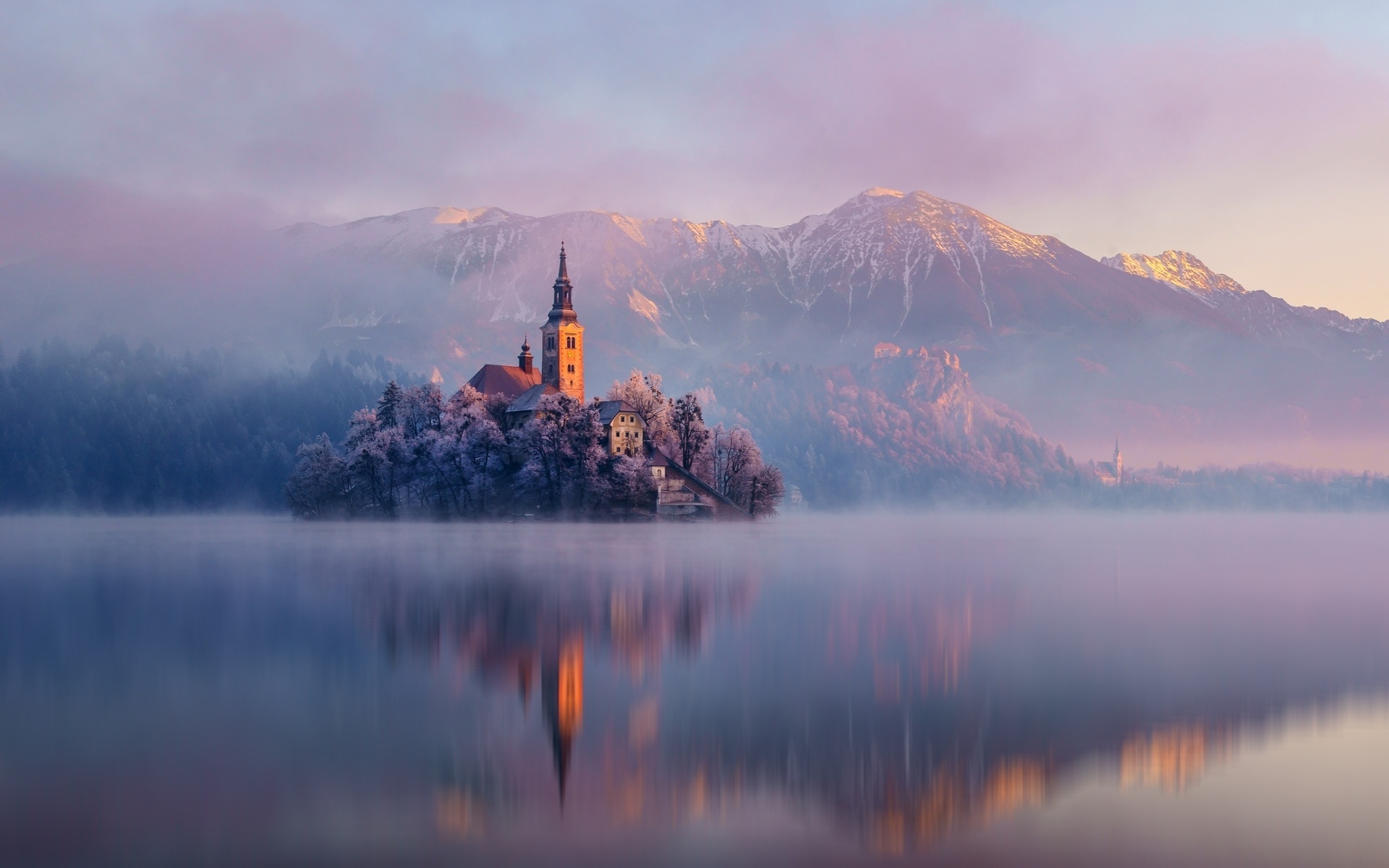 religious, assumption of mary church, fog, slovenia, sunrise, winter, churches