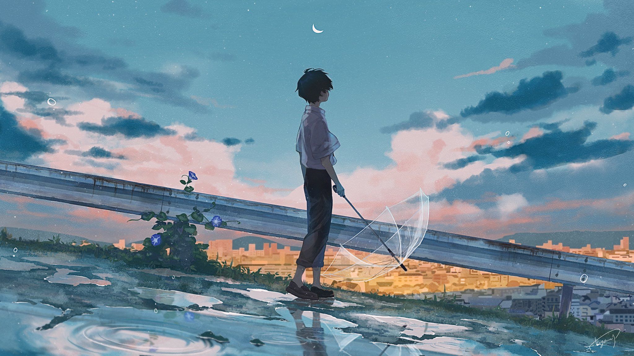 boy, anime, sky, umbrella, water mobile wallpaper