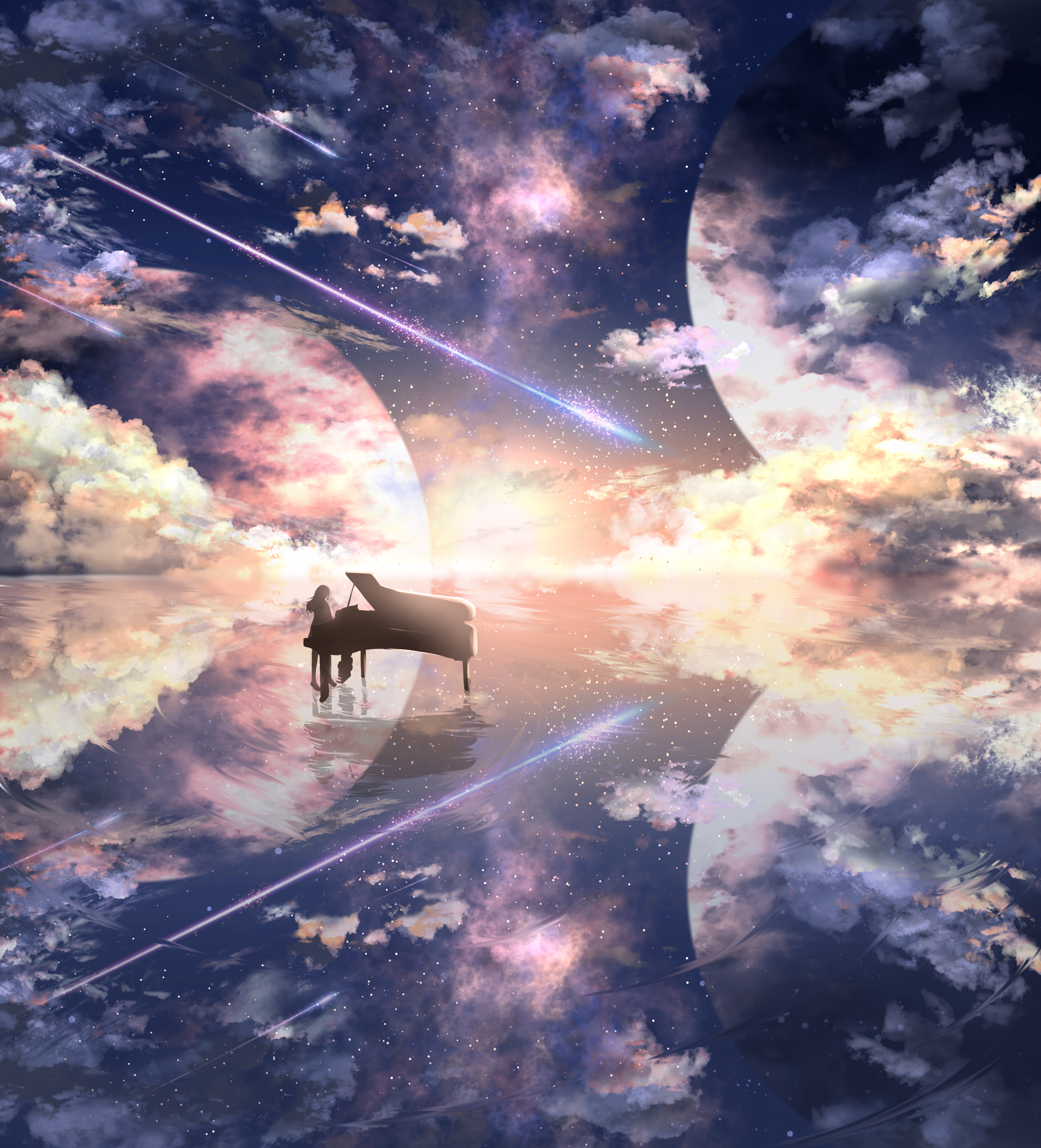 anime, piano, illusion, universe, grand piano, silhouette