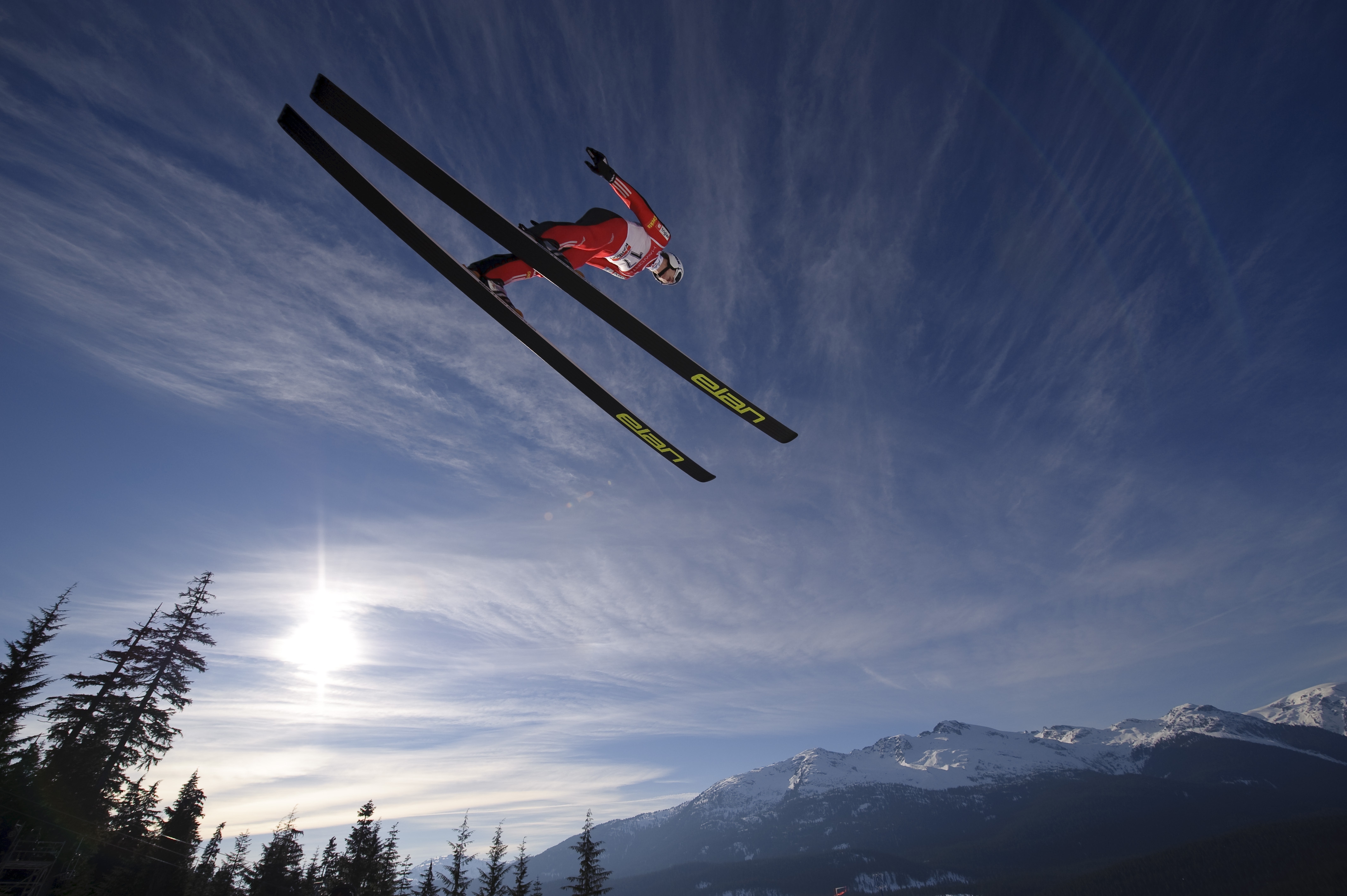sports, sky, mountains, sun, flight, bounce, jump, skier, skiing