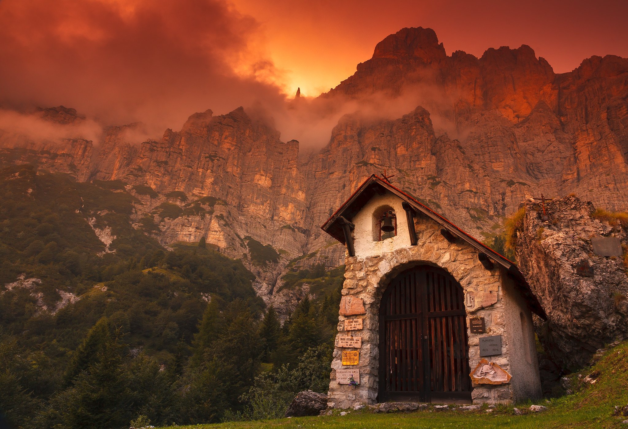dolomites, religious, chapel, building, cliff, italy, man made, mountain, stone, sunset