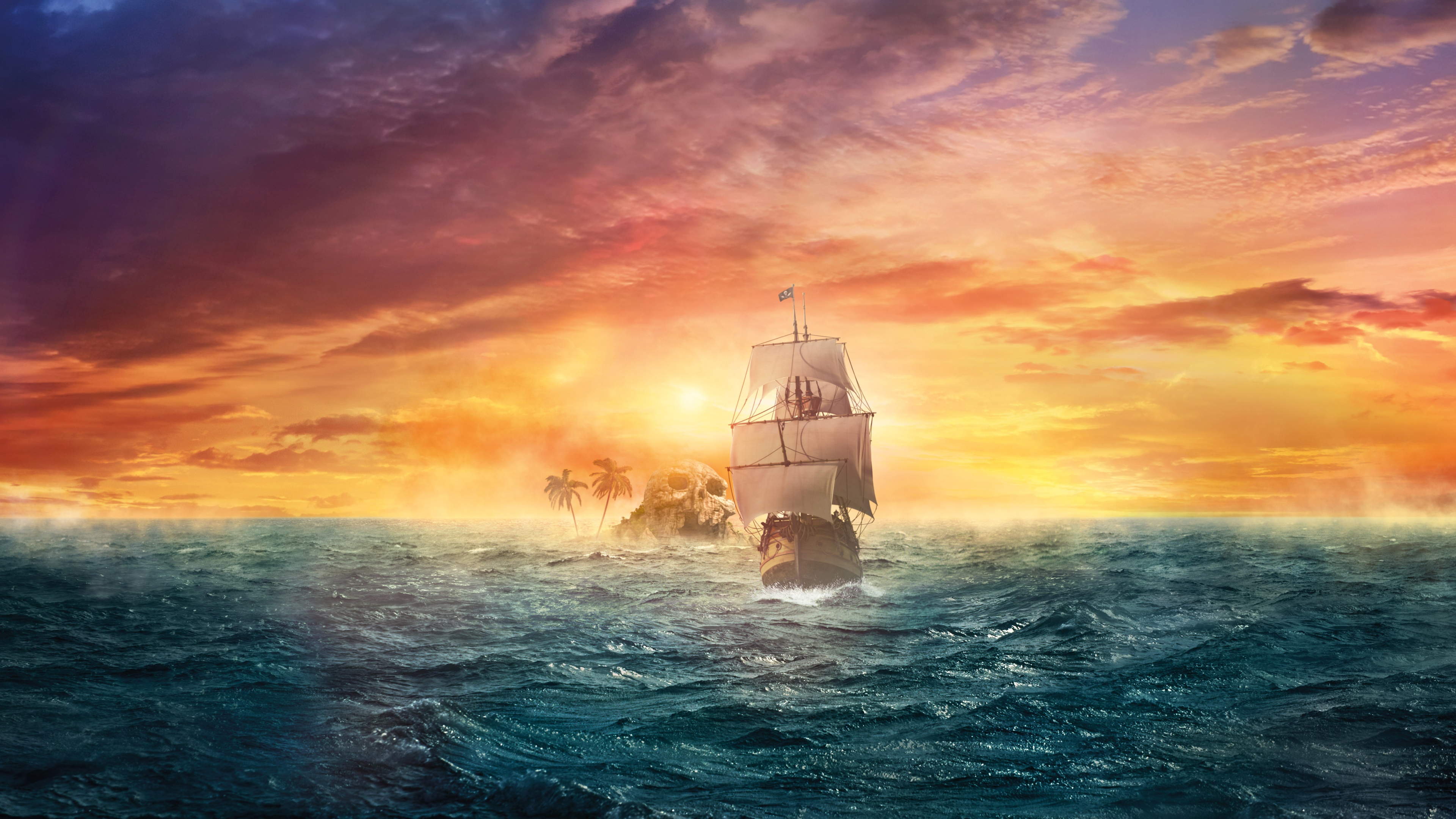sunset, pirate ship, ship, sailboat, fantasy, ocean, skull