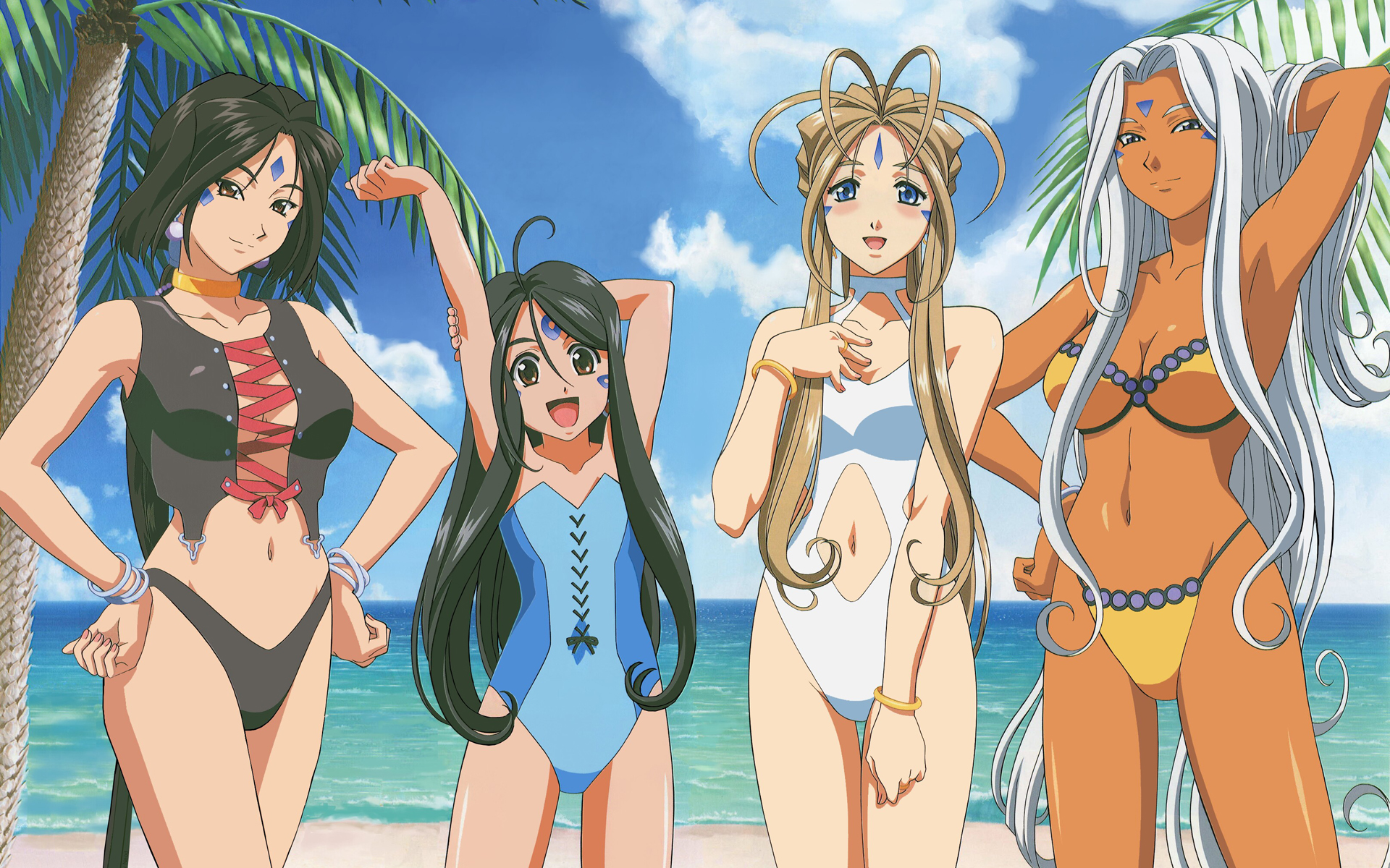 swimsuit, belldandy (ah! my goddess), anime, ah! my goddess, beach, peorth (ah! my goddess), skuld (ah! my goddess), urd (oh my goddess!)