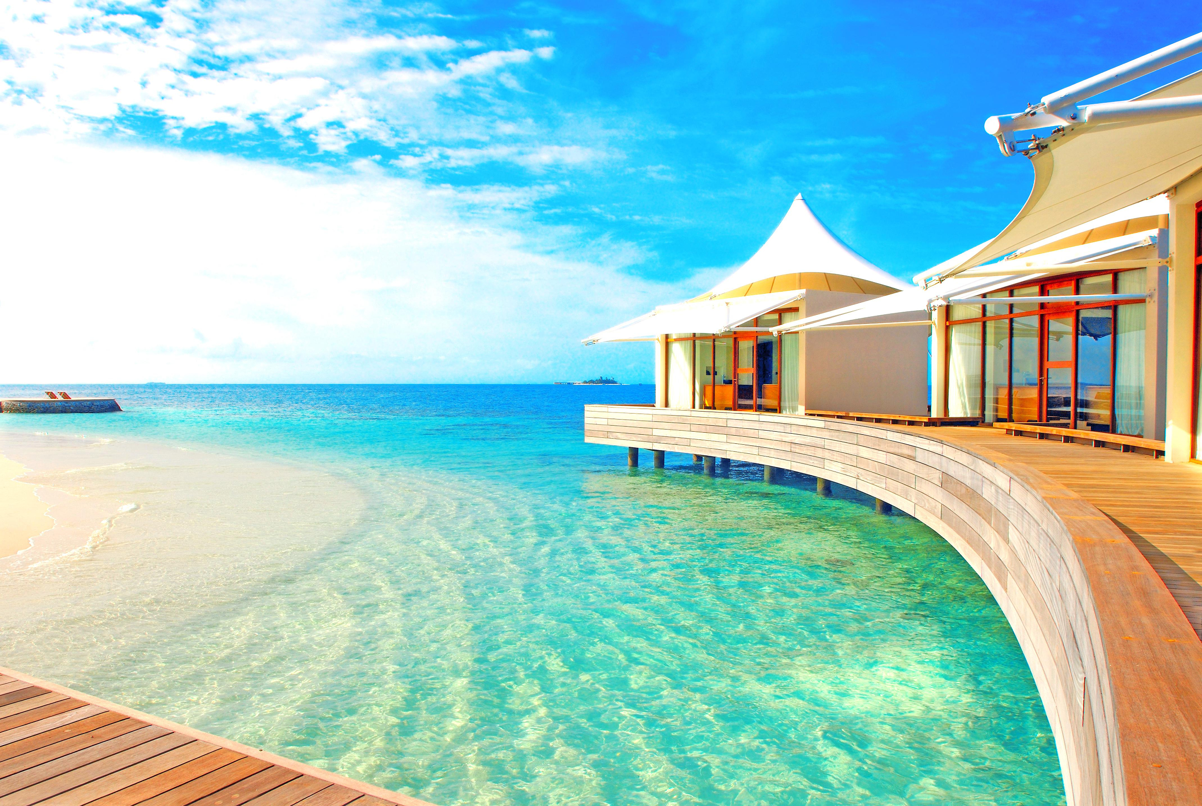 luxury, man made, resort, bungalow, ocean, pool, tropical