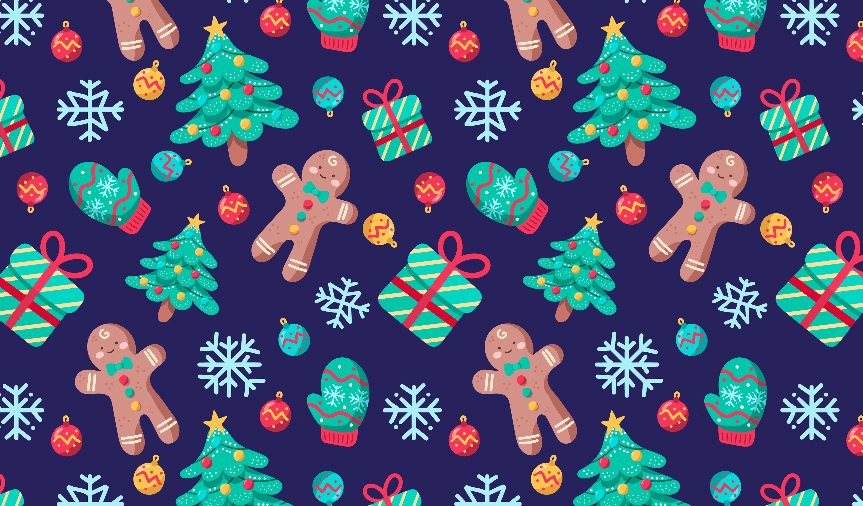 Download mobile wallpaper Pattern, Christmas, Holiday, Gift, Christmas Tree, Snowflake, Gingerbread, Cookie for free.
