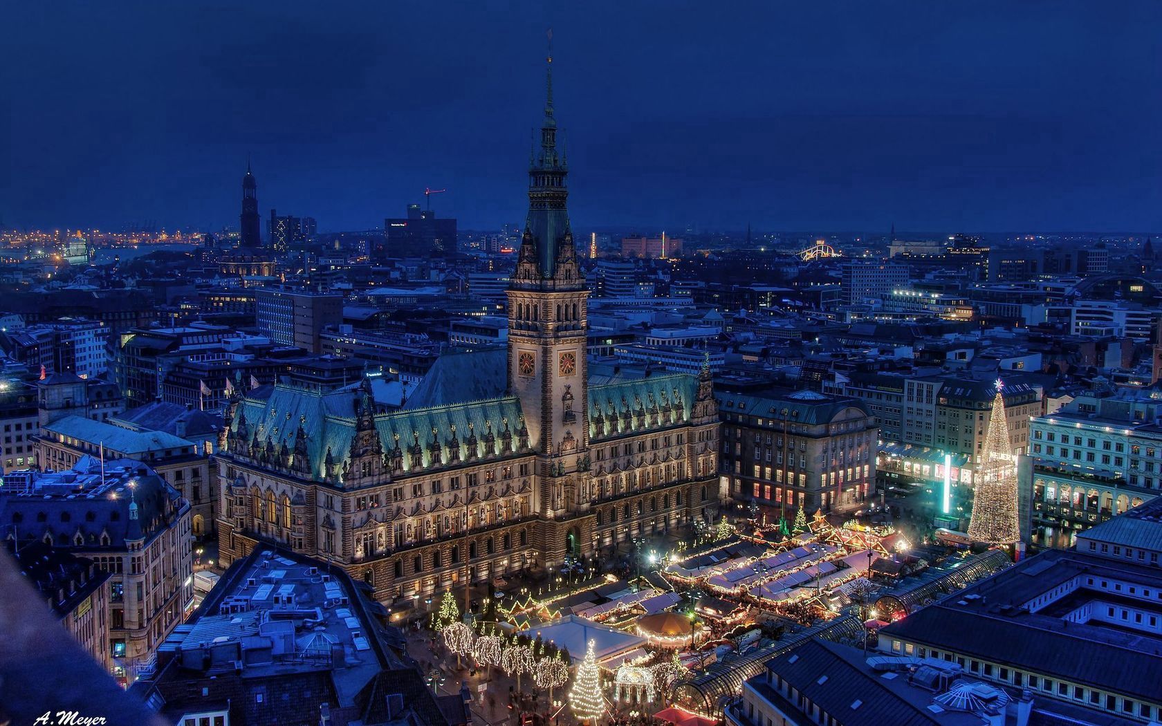 germany, cities, building, night city, square, area, hamburg, town hall