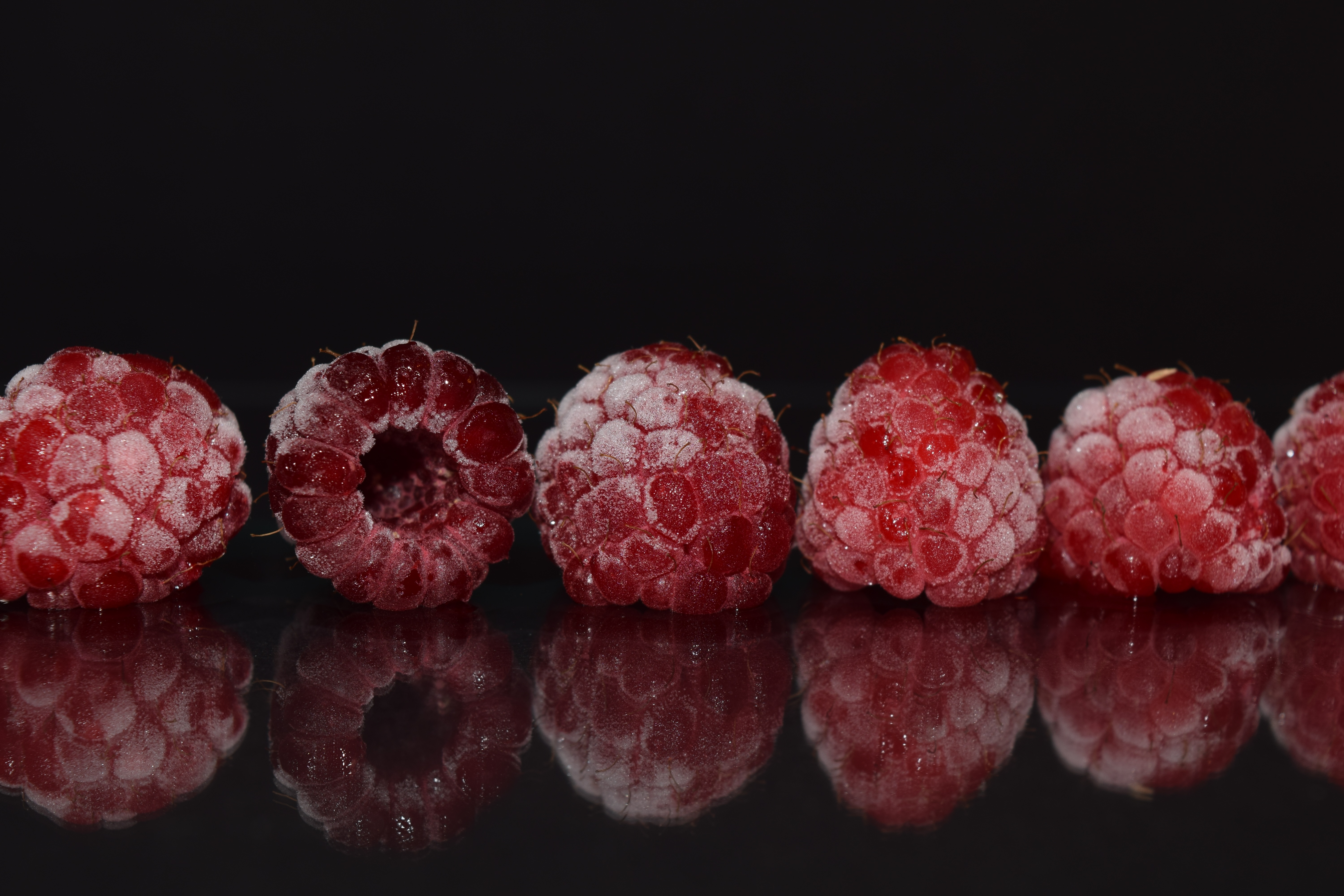Download mobile wallpaper Reflection, Raspberry, Frozen, Berries, Food for free.