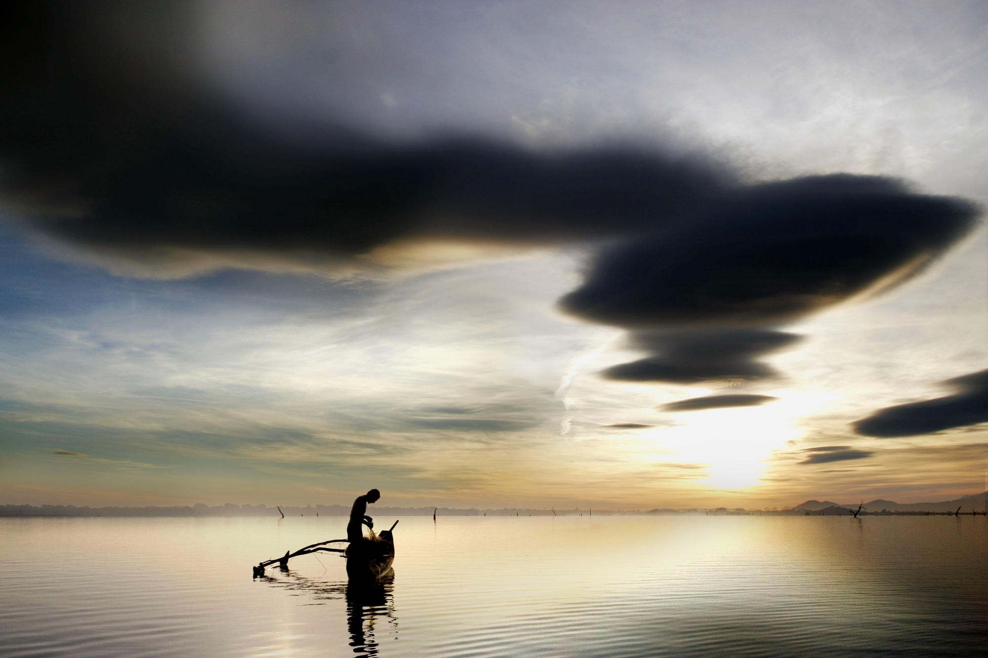 fishing, photography, fisherman, boat, cloud, lake, sky, sunrise phone wallpaper