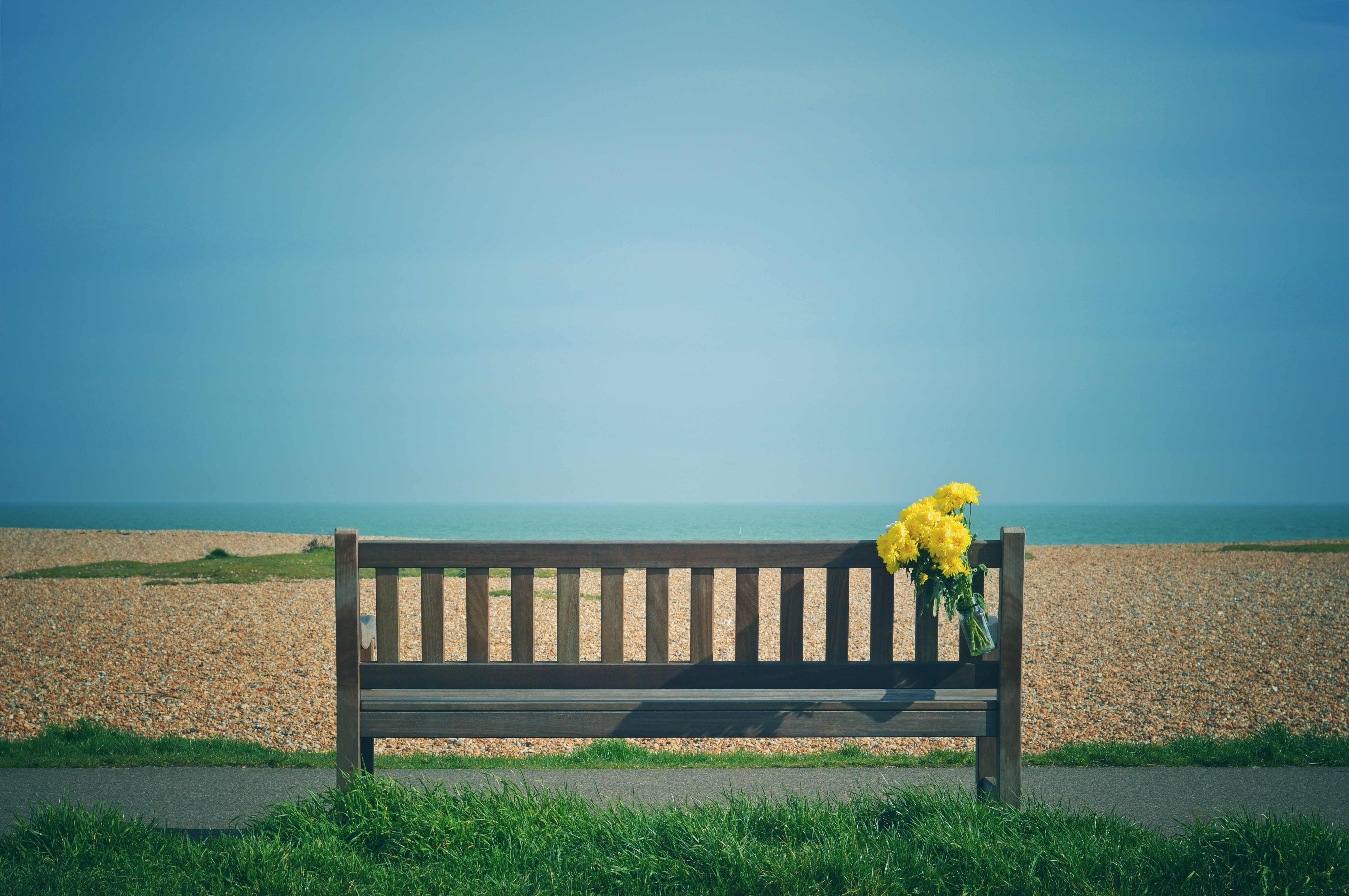 bench, yellow, flowers, beach, miscellanea, miscellaneous, bouquet