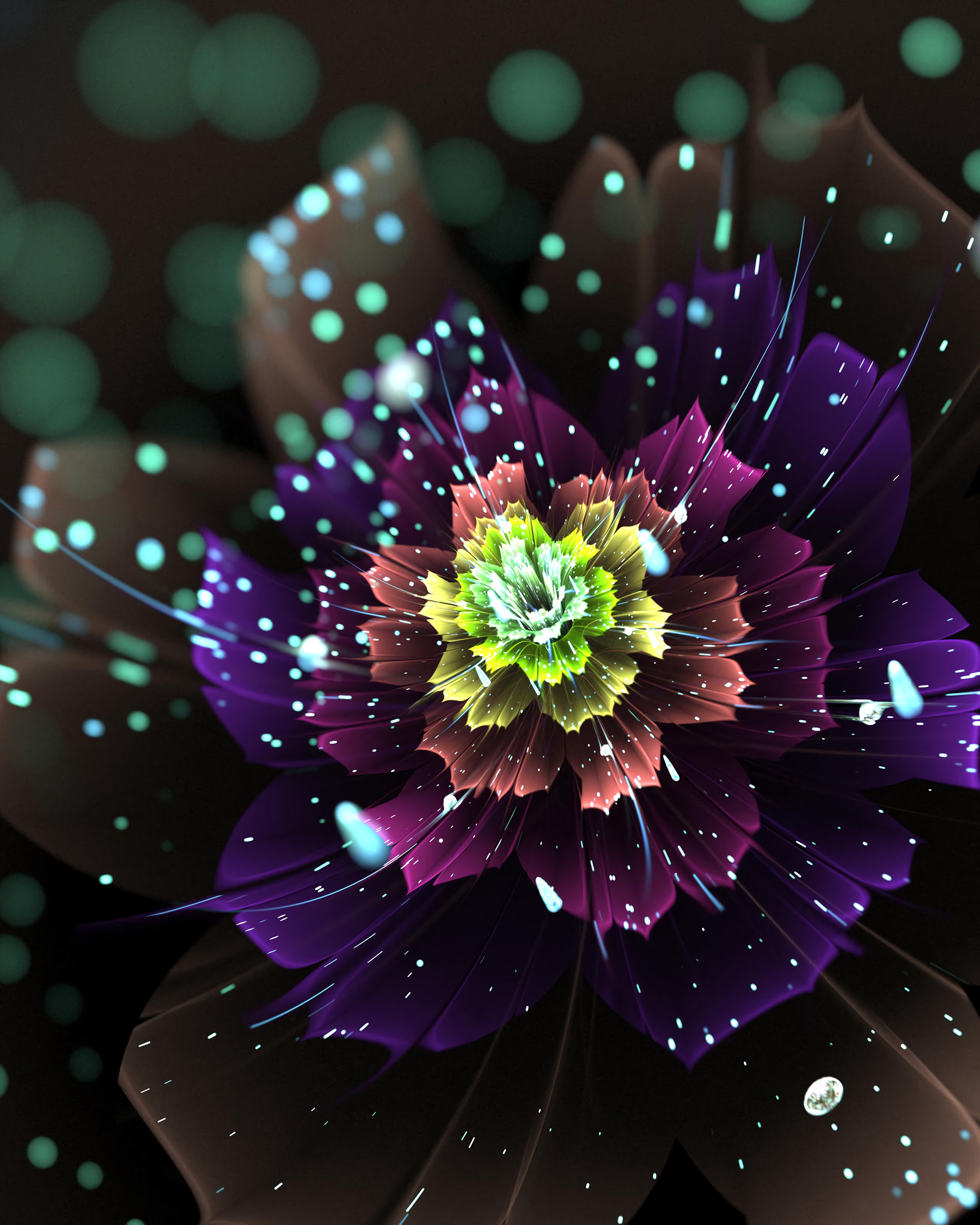 Mobile wallpaper fractal, abstract, flower, glare, sparks, glow