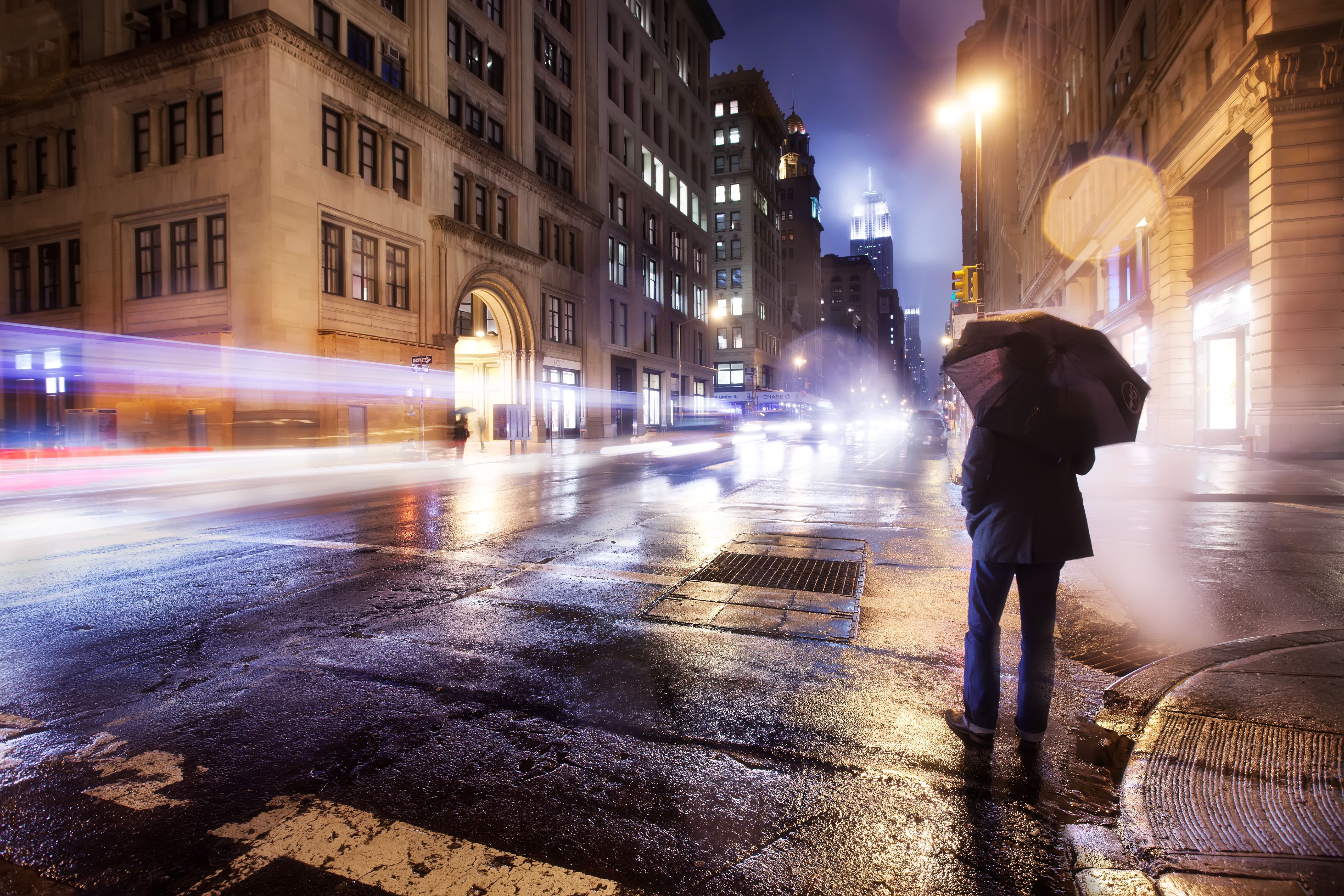Free download wallpaper Mainly Cloudy, Overcast, Man, City, Miscellanea, Umbrella, Night, Miscellaneous, Loneliness on your PC desktop