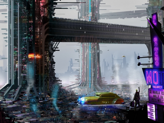 sci fi, city, taxi