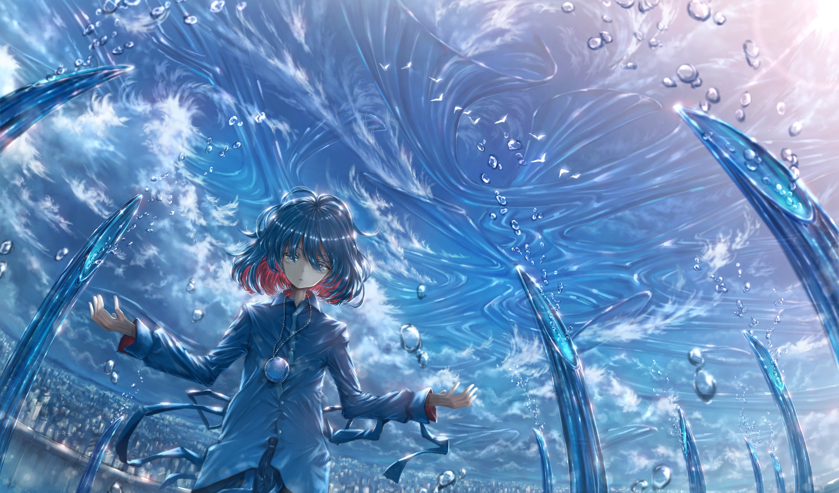 anime, original, blue hair, magic, medallion, water