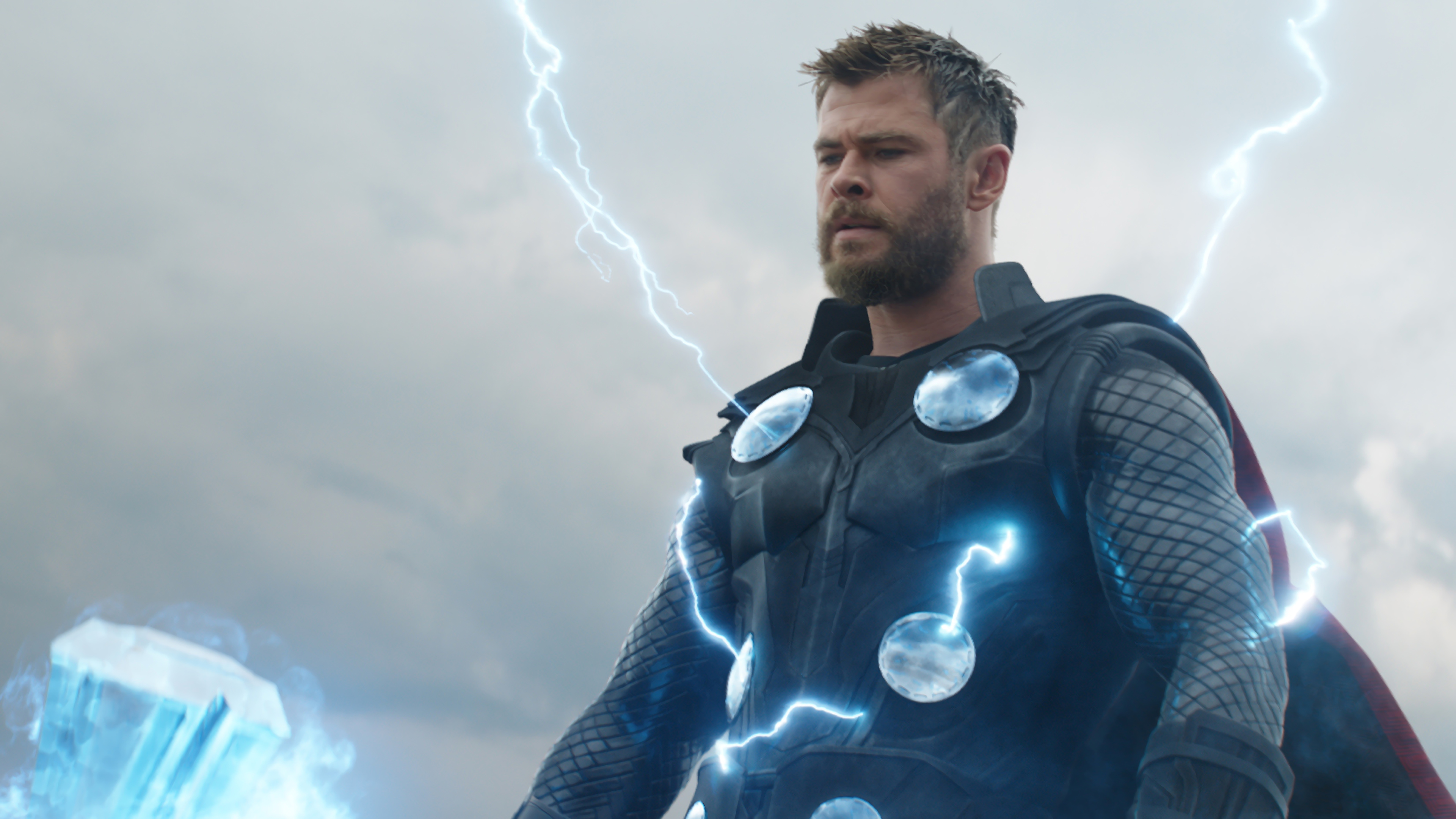 Download mobile wallpaper Lightning, Beard, Armor, Movie, Thor, The Avengers, Chris Hemsworth, Avengers Endgame for free.