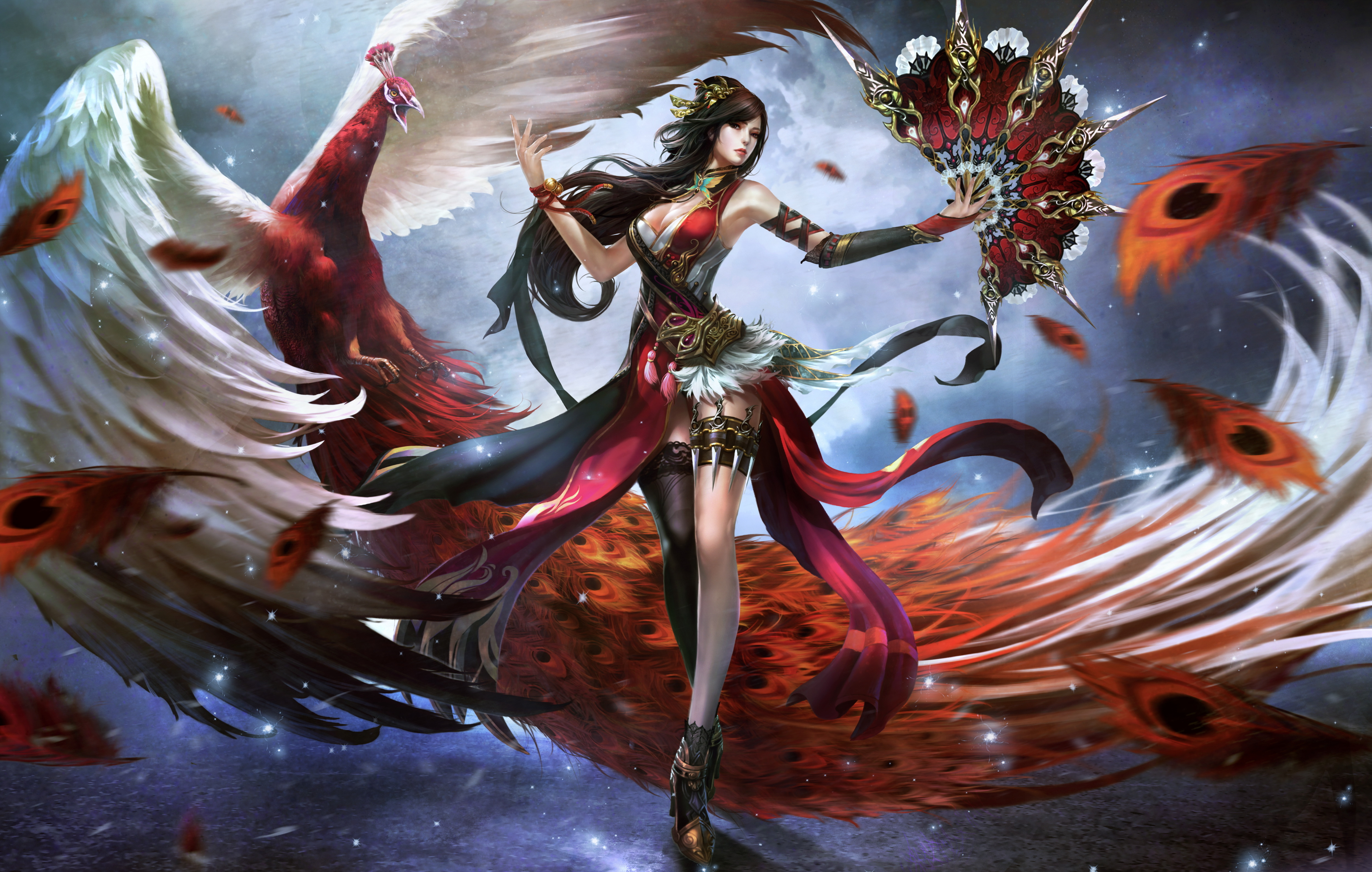 peacock, fantasy, women warrior, fan, feather, oriental, woman warrior