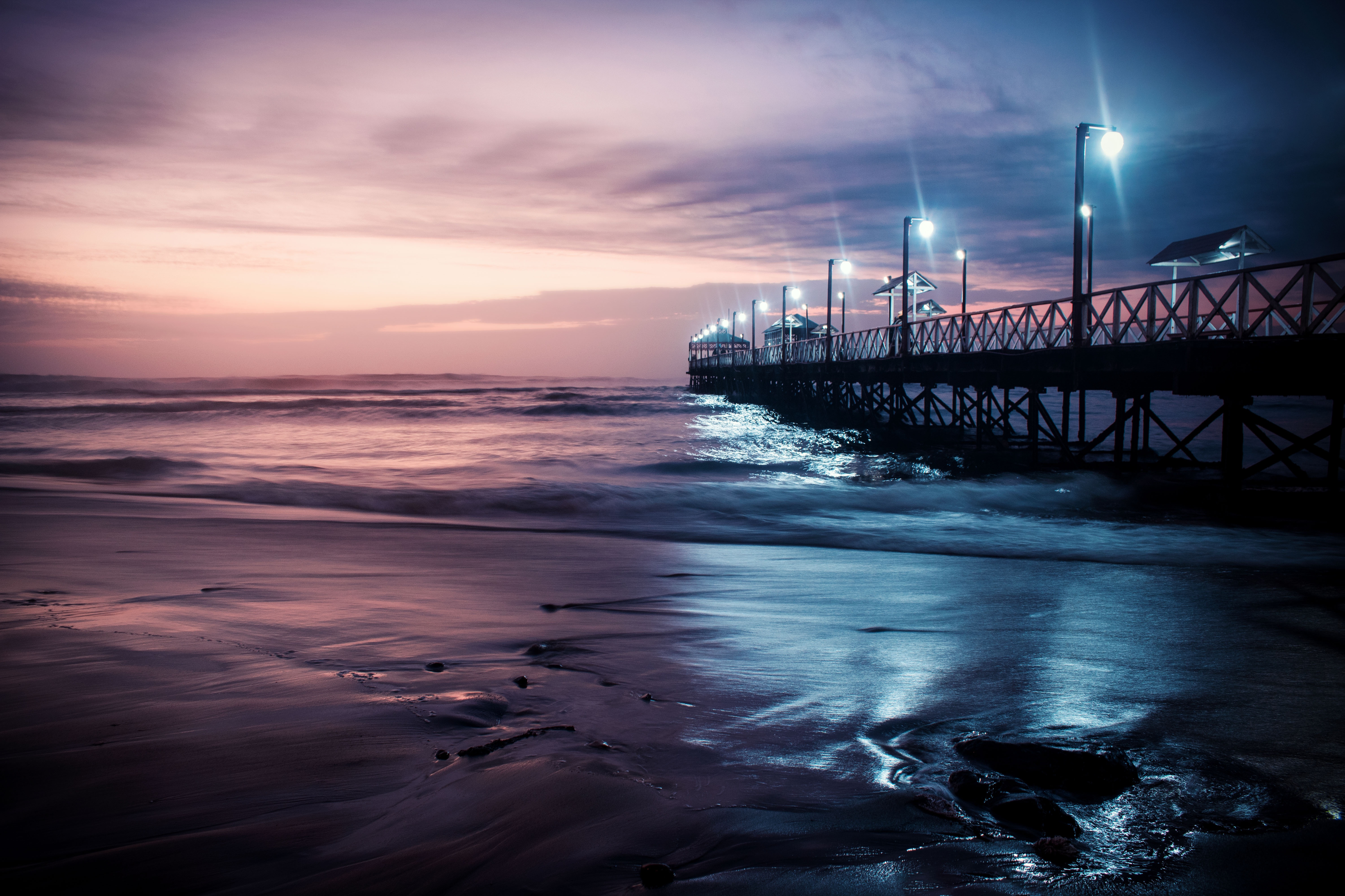 peru, evening, pier, sea, nature, waves, trujillo cell phone wallpapers