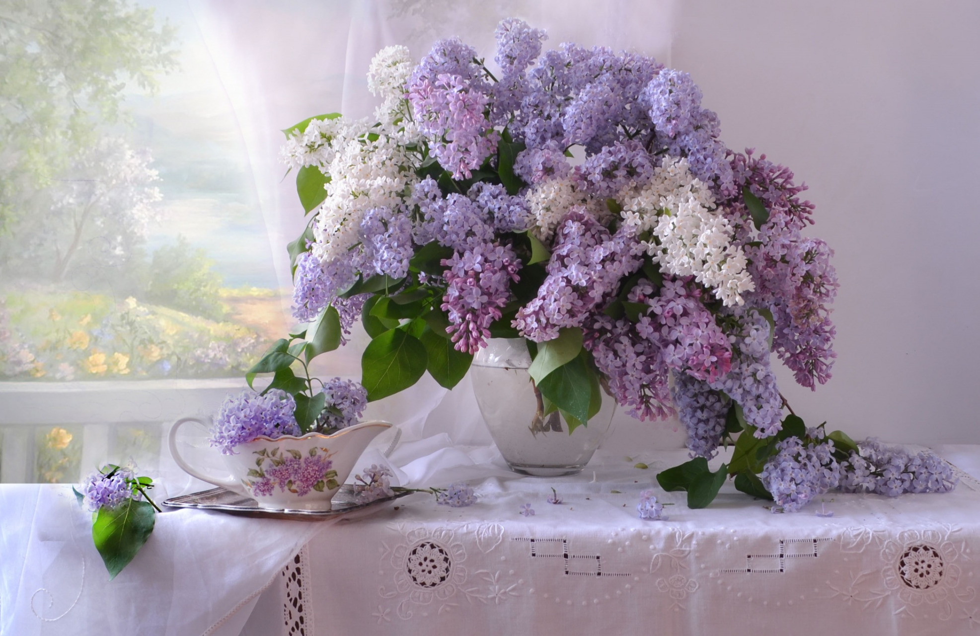 lilac, photography, still life, purple flower, saucer, white flower