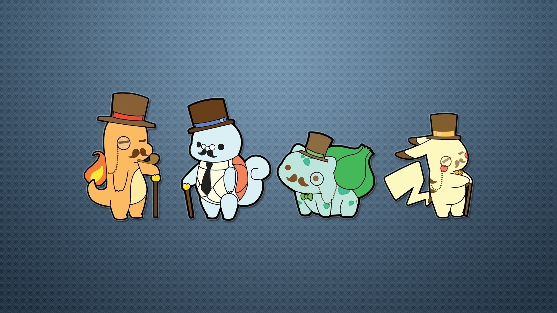 starter pokemon, anime, charmander (pokémon), pokémon, bulbasaur (pokémon), monocle, pikachu, squirtle (pokémon), top hat