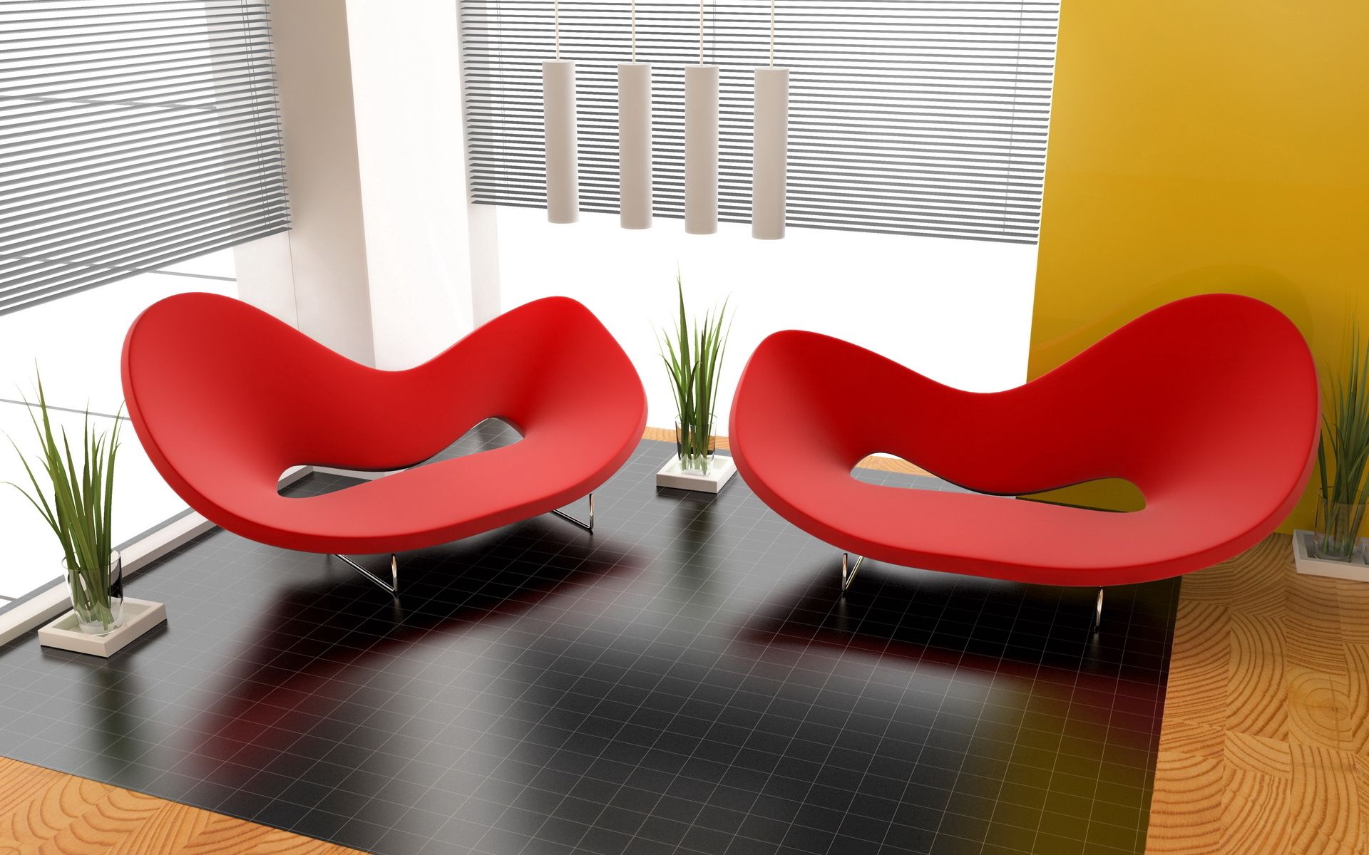 form, flat, plants, interior, red, miscellanea, miscellaneous, design, forms, room, style, armchair, apartment