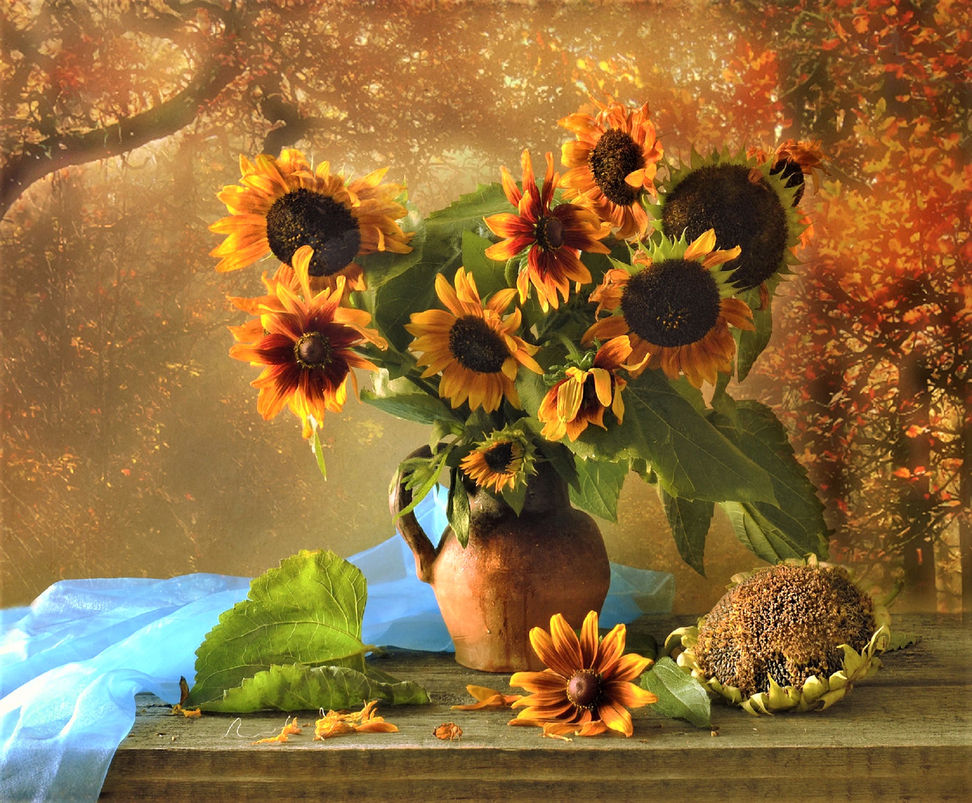 906262 免費下載壁紙 摄影, 静物, 秋季, 投手, 向日葵, 花瓶, 黄花 屏保和圖片