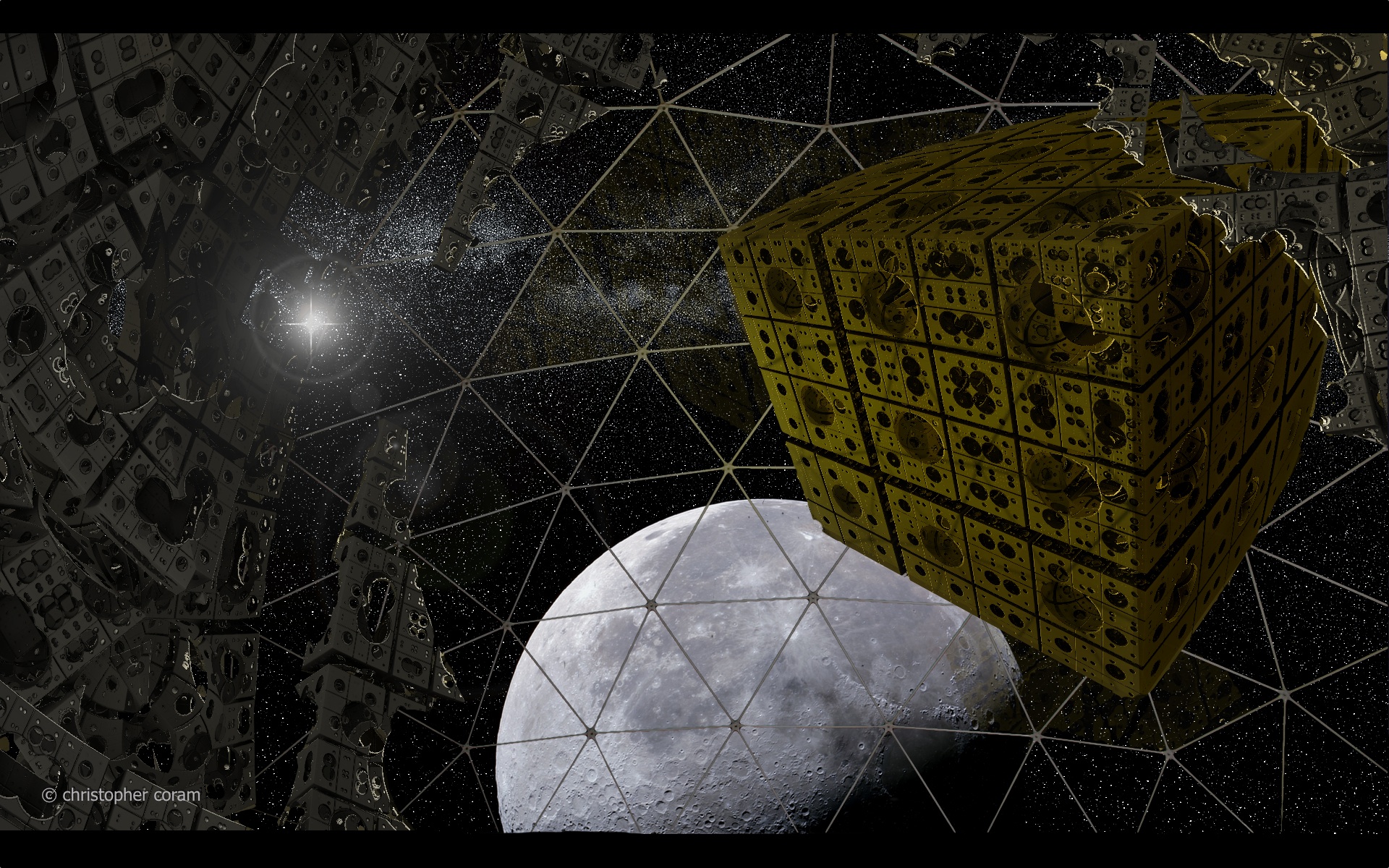 gold, cube, sci fi, fractal, dome, moon, space HD wallpaper