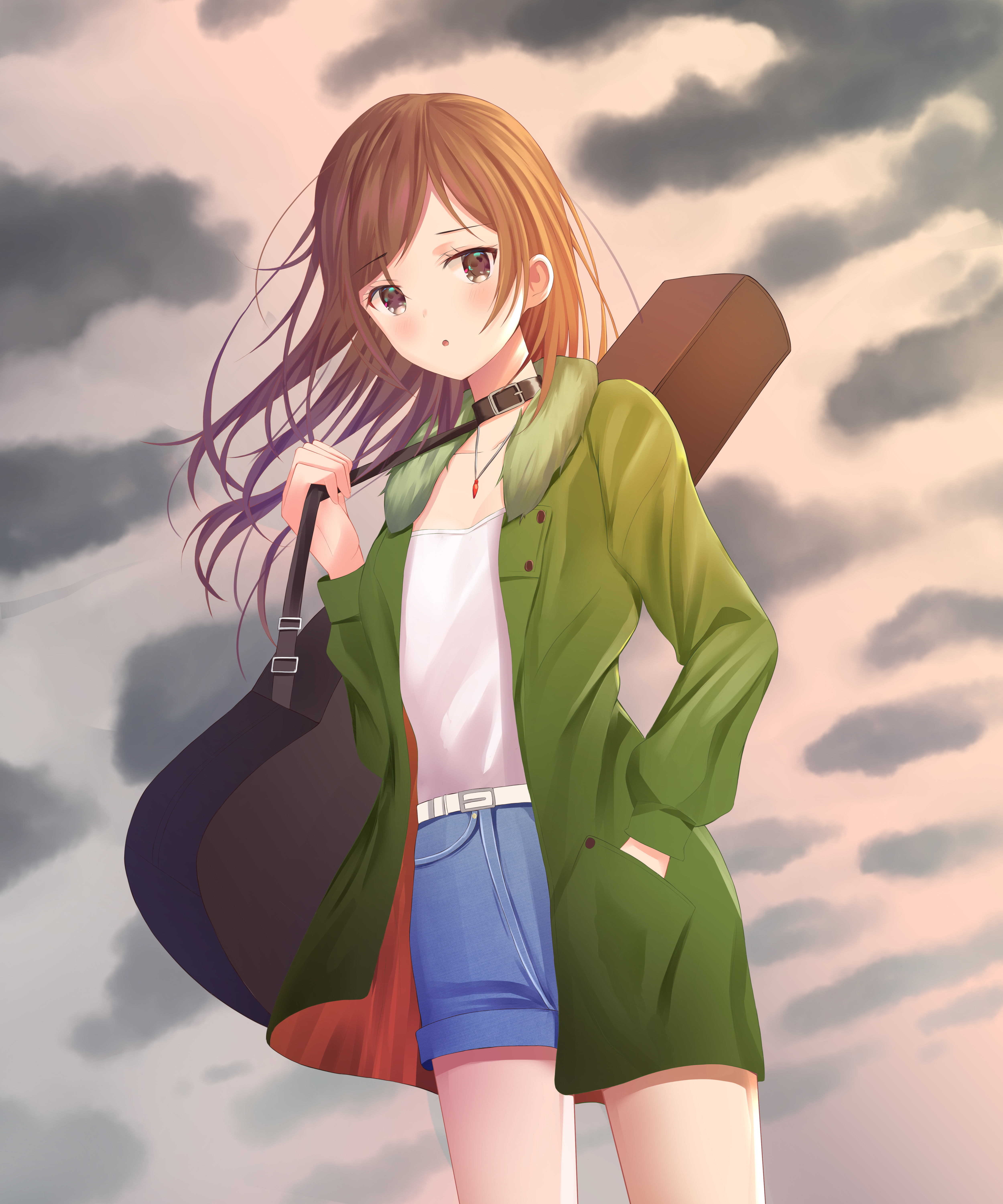 Download mobile wallpaper Girl, Sheath, Case, Clouds, Guitar, Anime for free.