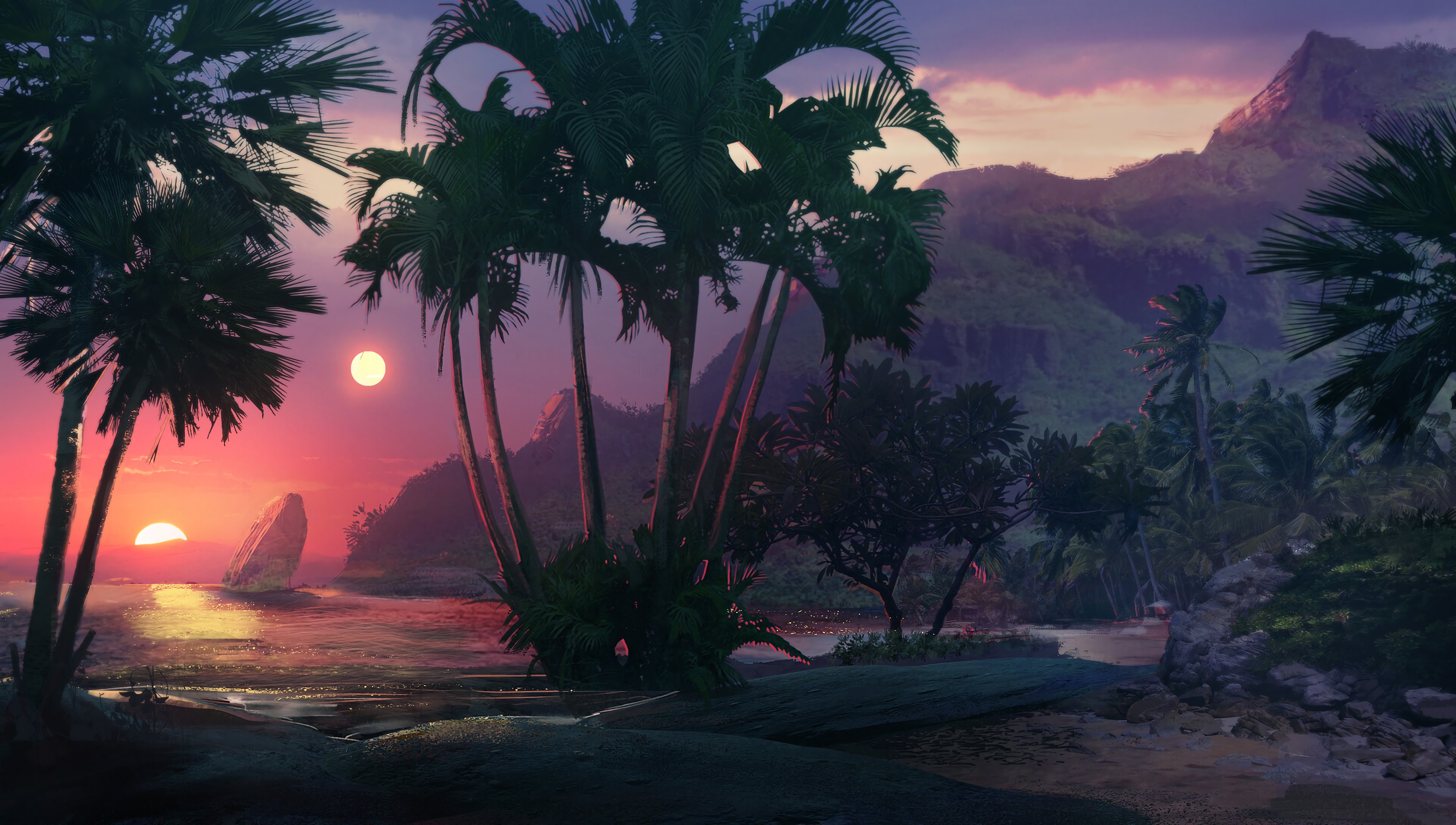 Laden Sie das Sunset, Palms, Kunst, Sea, Strand-Bild kostenlos auf Ihren PC-Desktop herunter