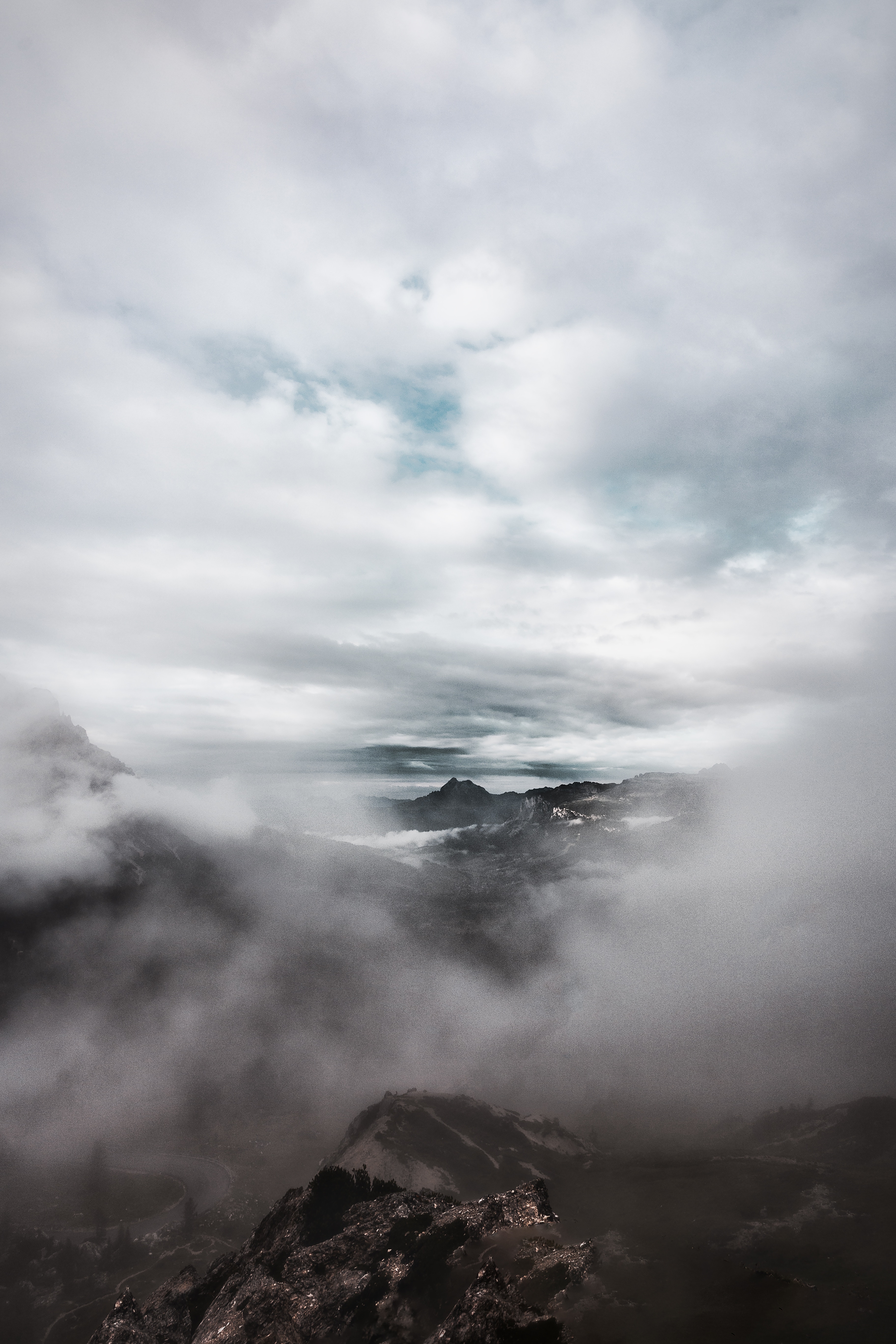 vertical wallpaper nature, mountains, clouds, vertex, top, fog, shroud