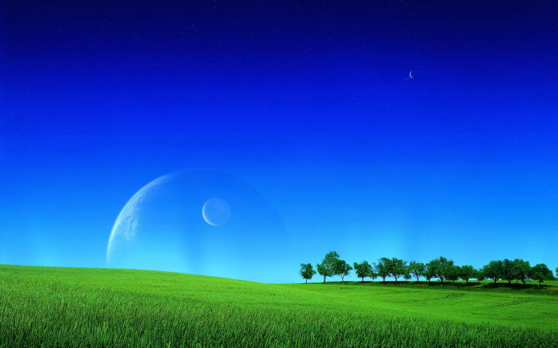 planets, lawn, fantasy, universe, grass, sky, greens, field wallpaper for mobile