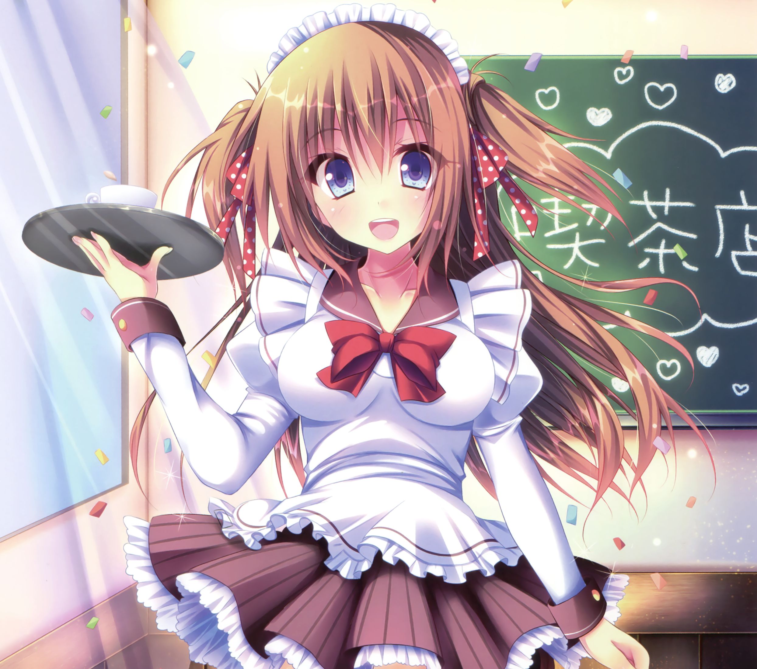 anime, original, apron, blue eyes, bow (clothing), brown hair, confetti, long hair, smile, teacup, twintails