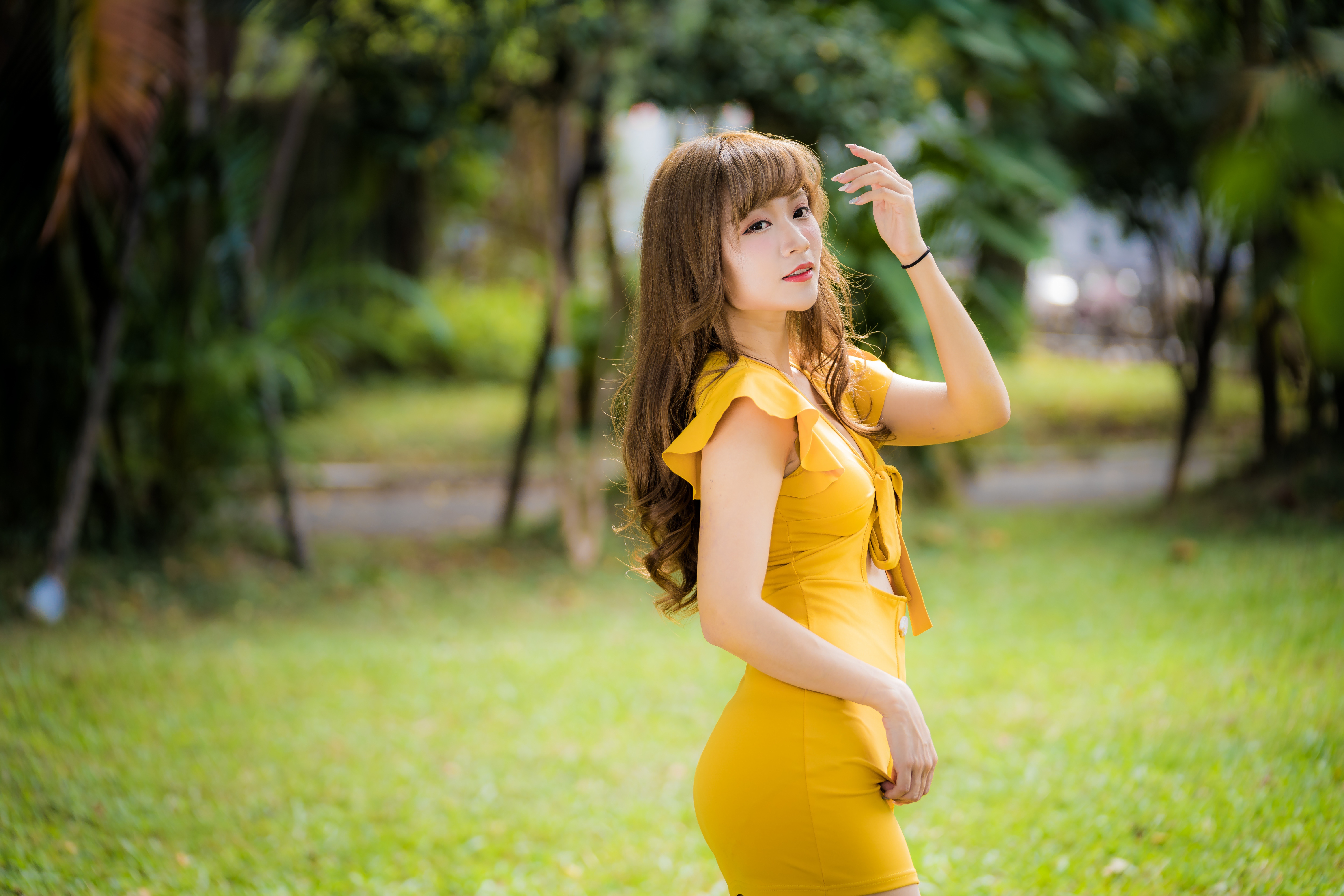 yellow dress, women, asian, brunette, depth of field, long hair, model