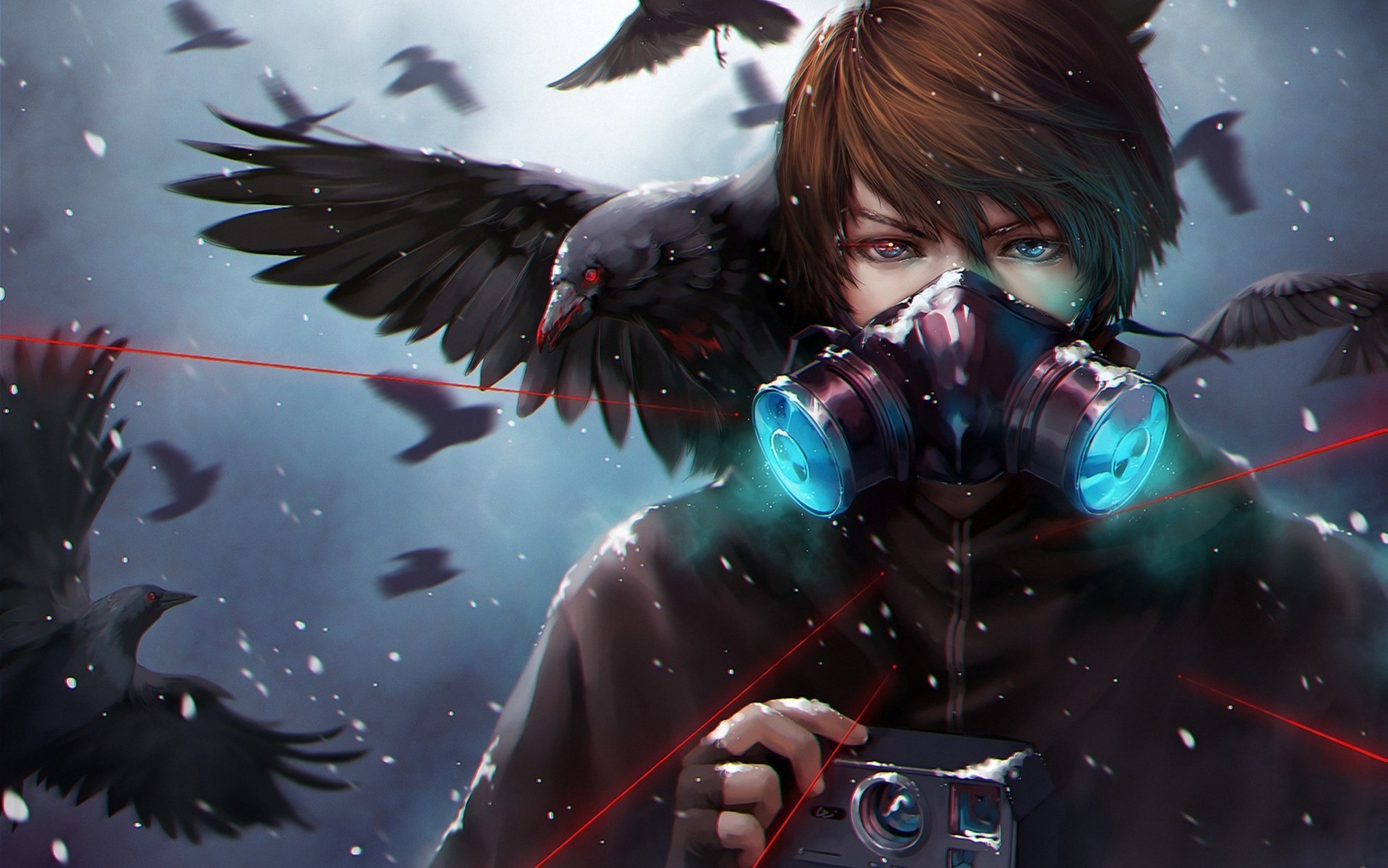 boy, gas mask, blue eyes, blood, crow, anime, camera, bird, brown hair, laser phone background