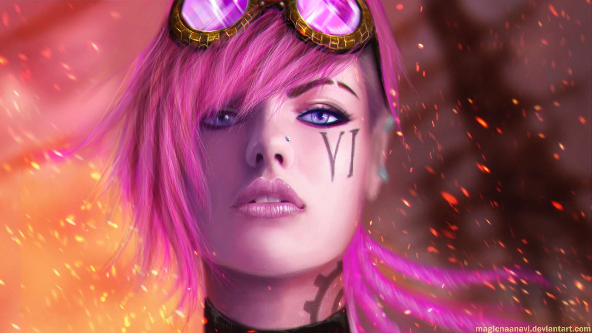 tattoo, fantasy, video game, league of legends, goggles, purple eyes, purple hair, vi (league of legends) for android