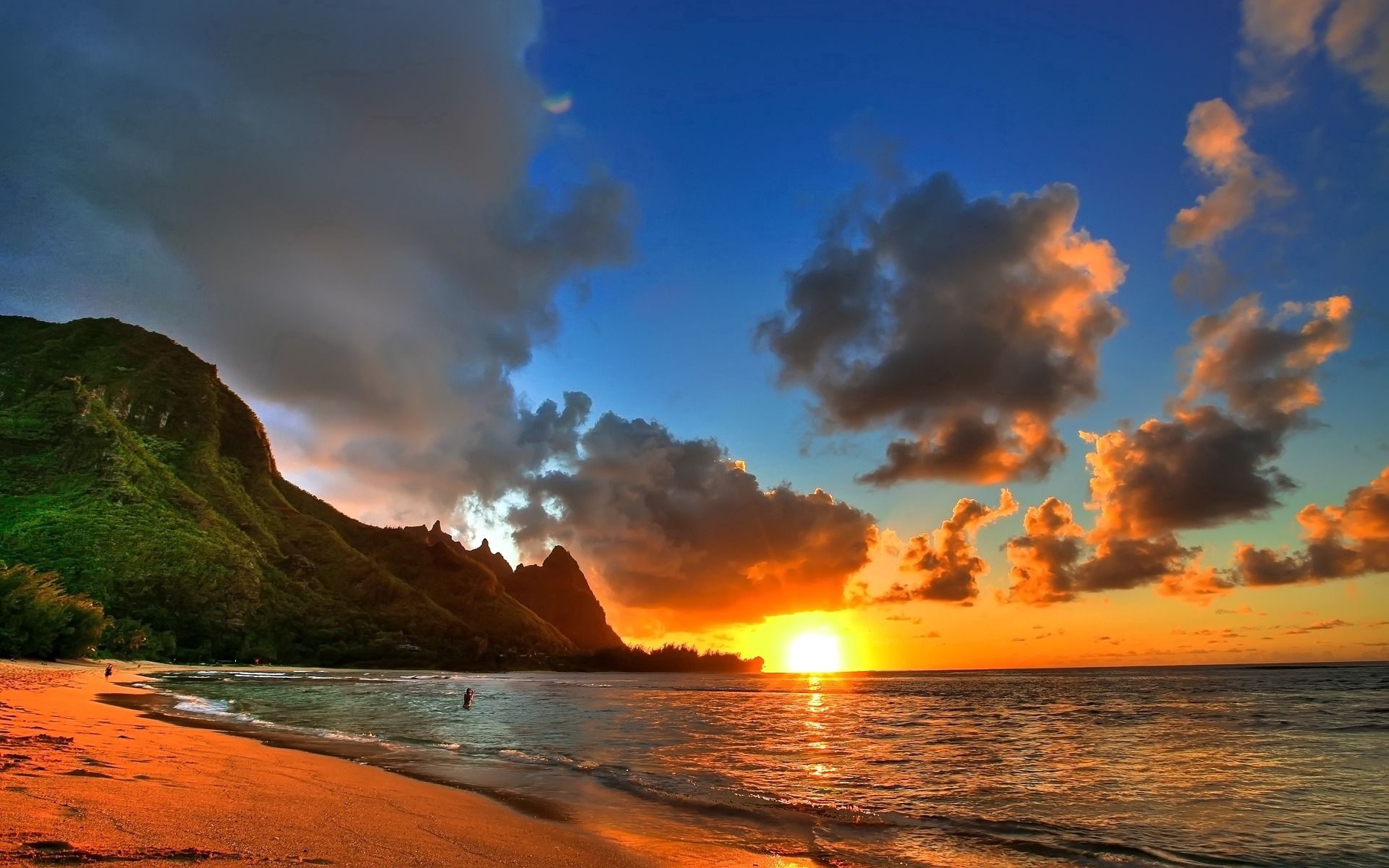 shore, sun, sunset, beach, clouds, nature, evening, mountains, sea, bank, calm 1080p