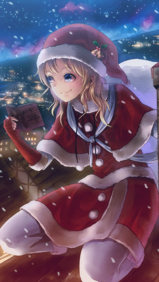 Download mobile wallpaper Anime, Night, Christmas, Smile, Glove, Skirt, Snowfall, Pantyhose for free.