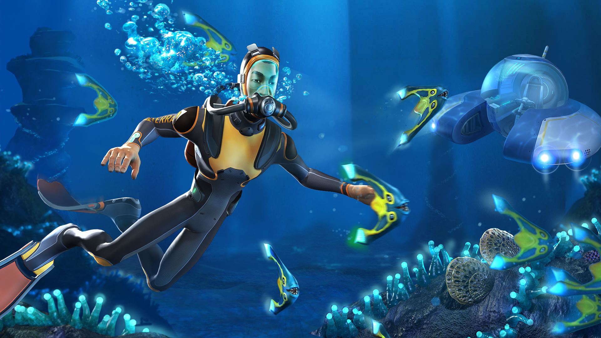 subnautica, video game, diver, underwater Smartphone Background