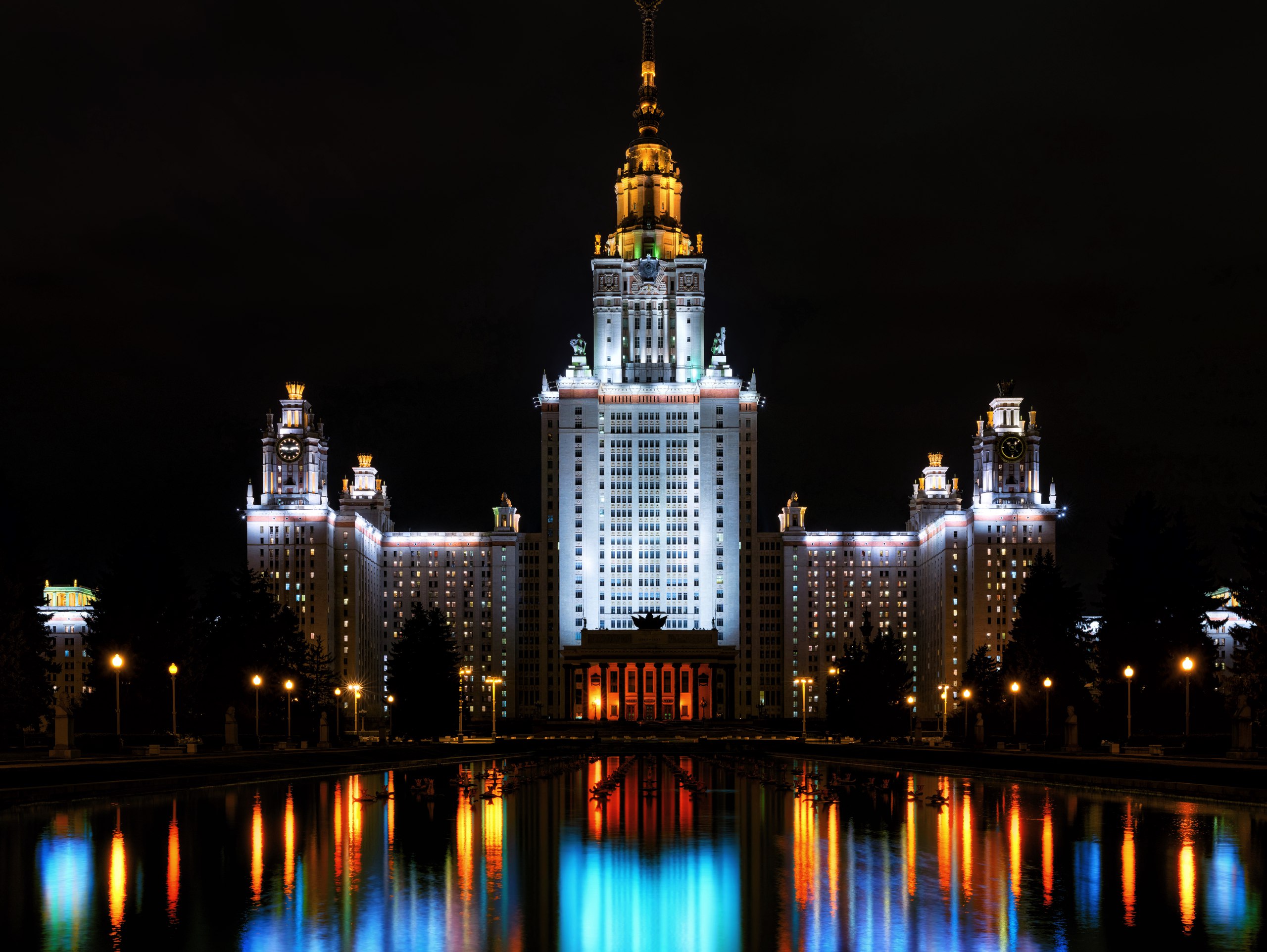 382501壁紙のダウンロードマンメイド, モスクワ, 建物, モスクワ州立大学, 夜, 反射, ロシア, 都市-スクリーンセーバーと写真を無料で