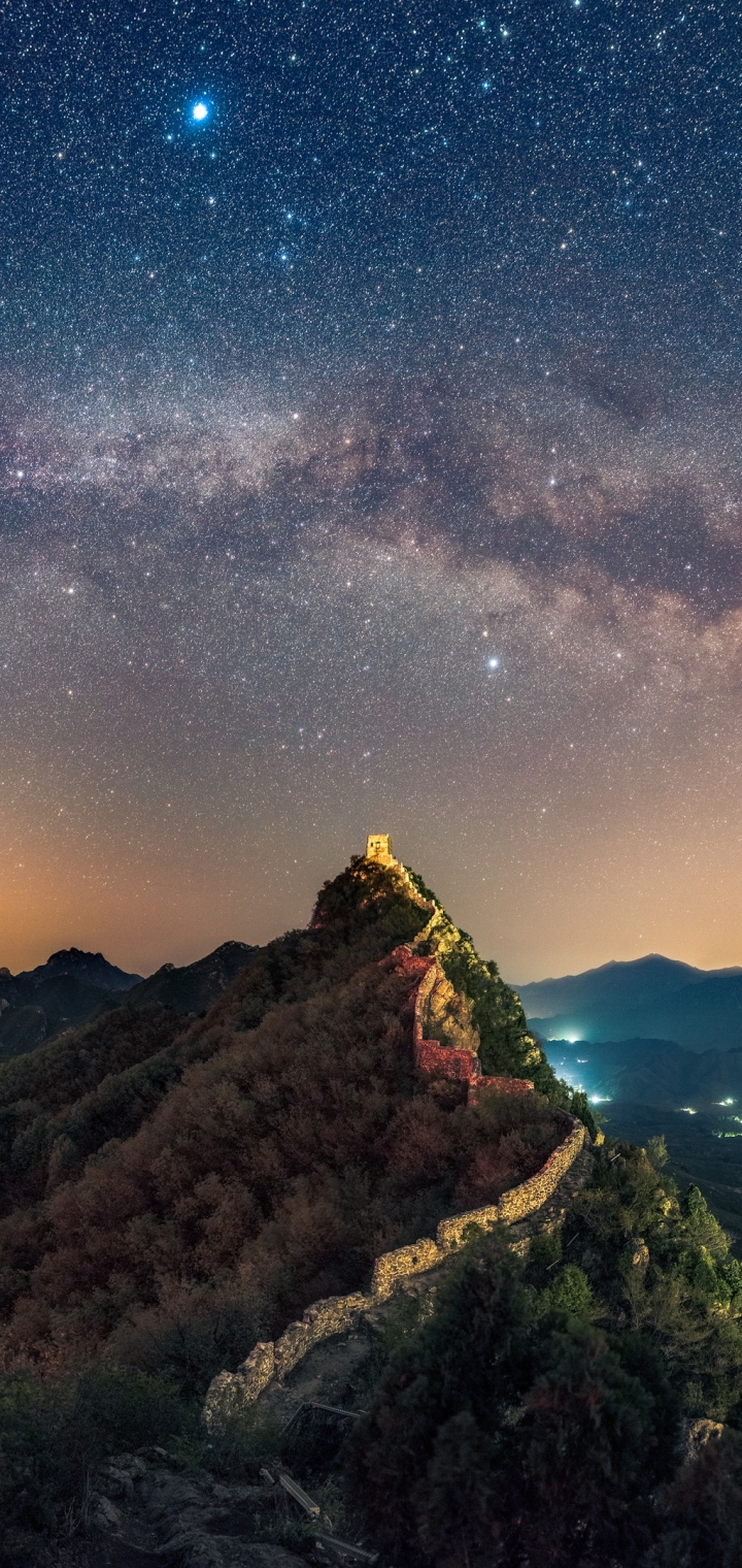 Download mobile wallpaper Landscape, Nature, Sky, Stars, Night, Monuments, Great Wall Of China, Starry Sky, Panorama, Man Made for free.