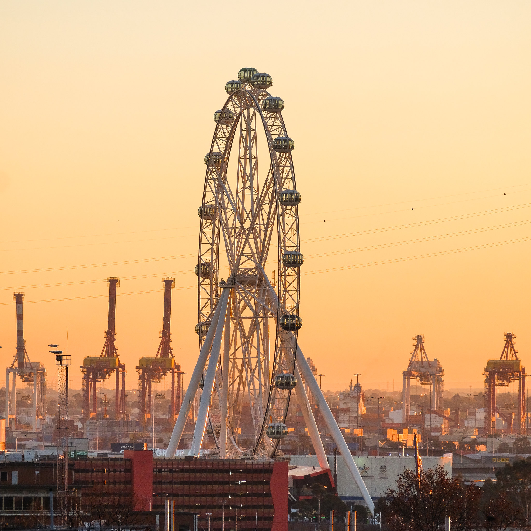 cities, sunset, city, ferris wheel, attraction, port for android