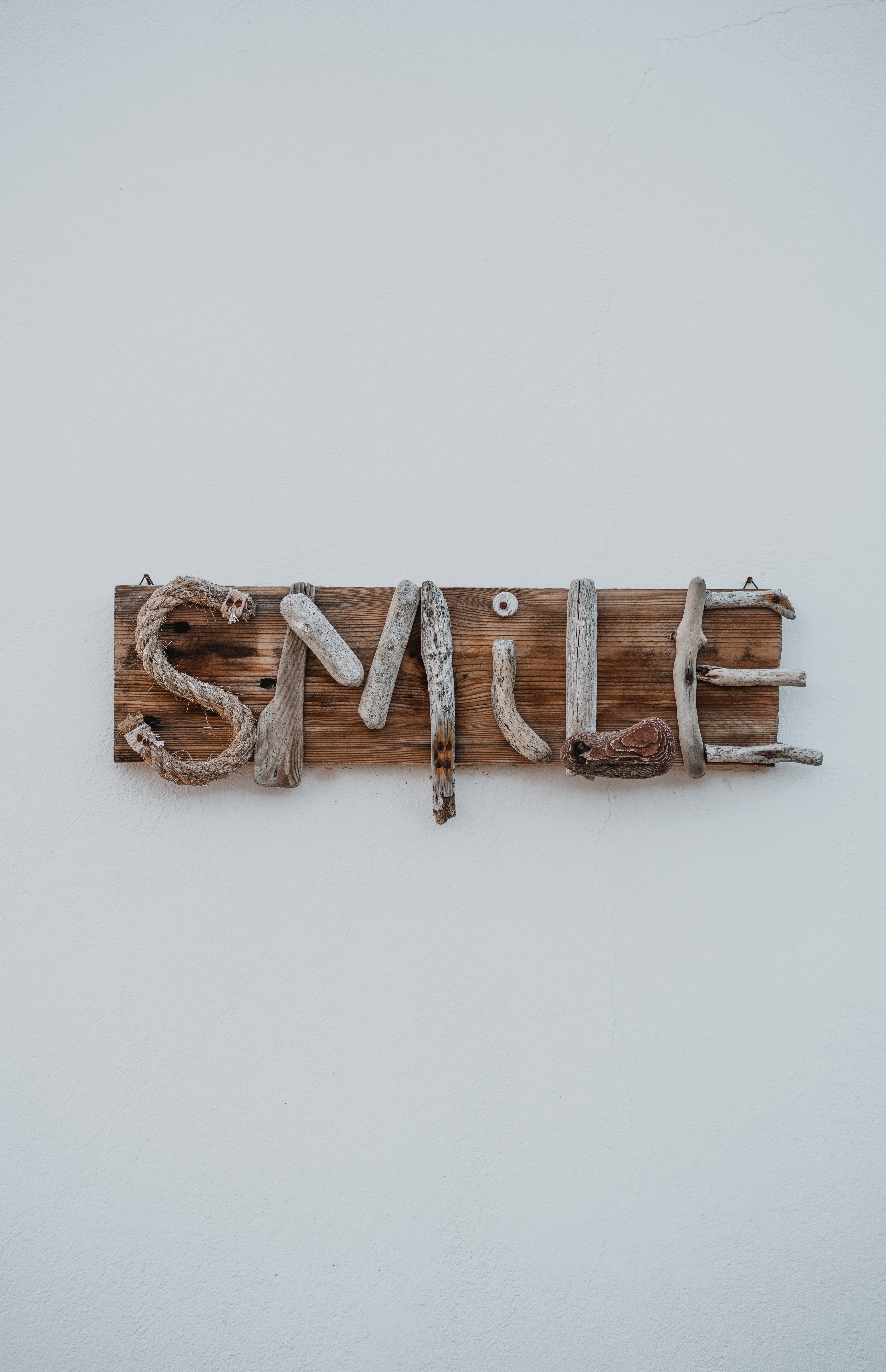 Mobile wallpaper inscription, creative, words, wood, wooden, smile
