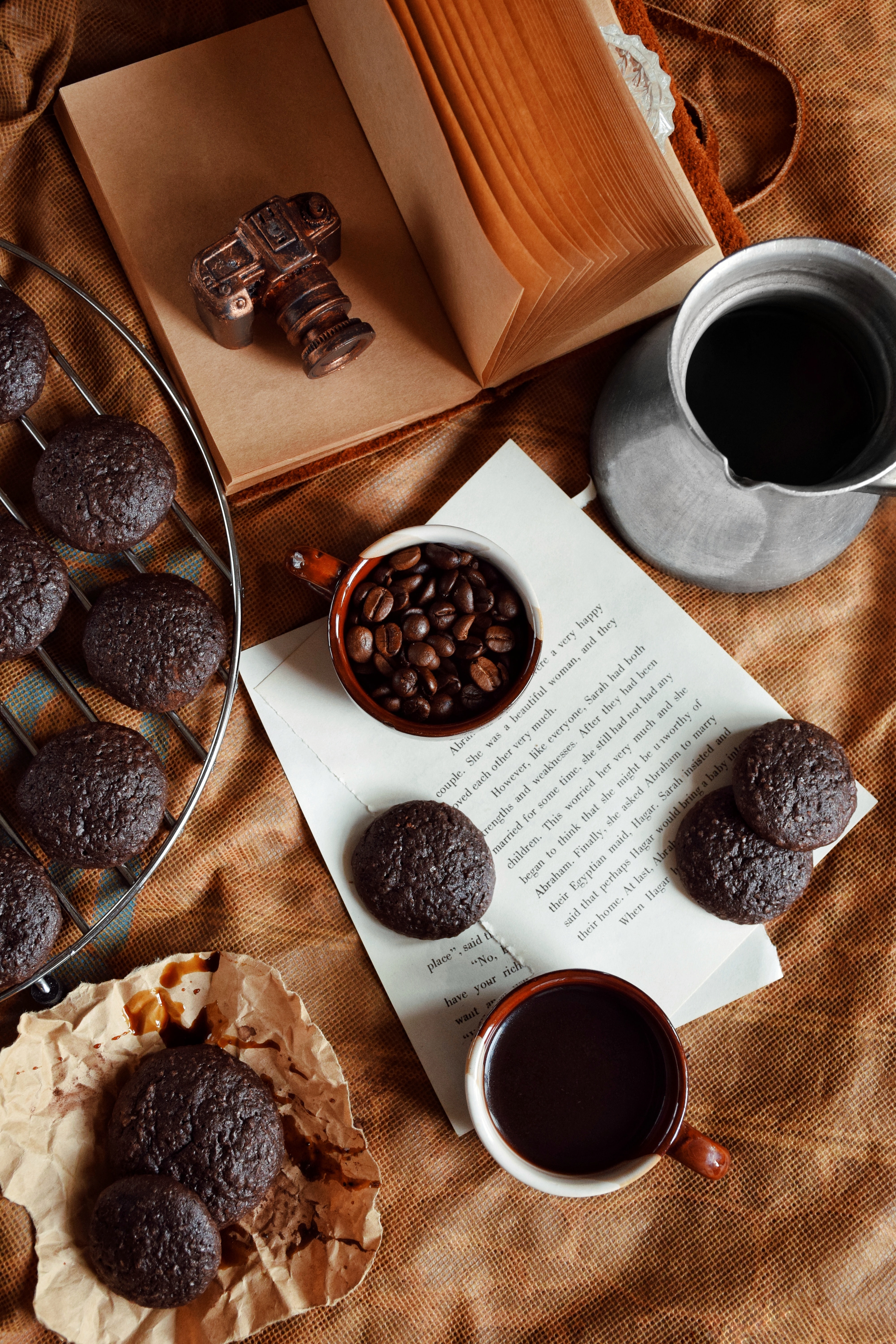 Download mobile wallpaper Cup, Food, Book, Cookies, Coffee for free.