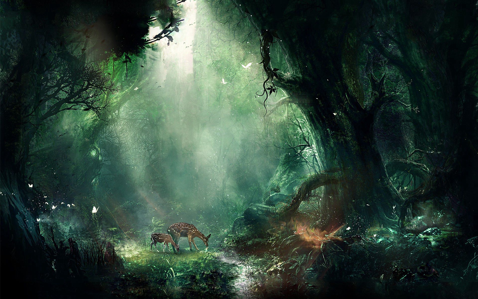 Free HD fantasy, jungle, night, butterflies, trees, deers