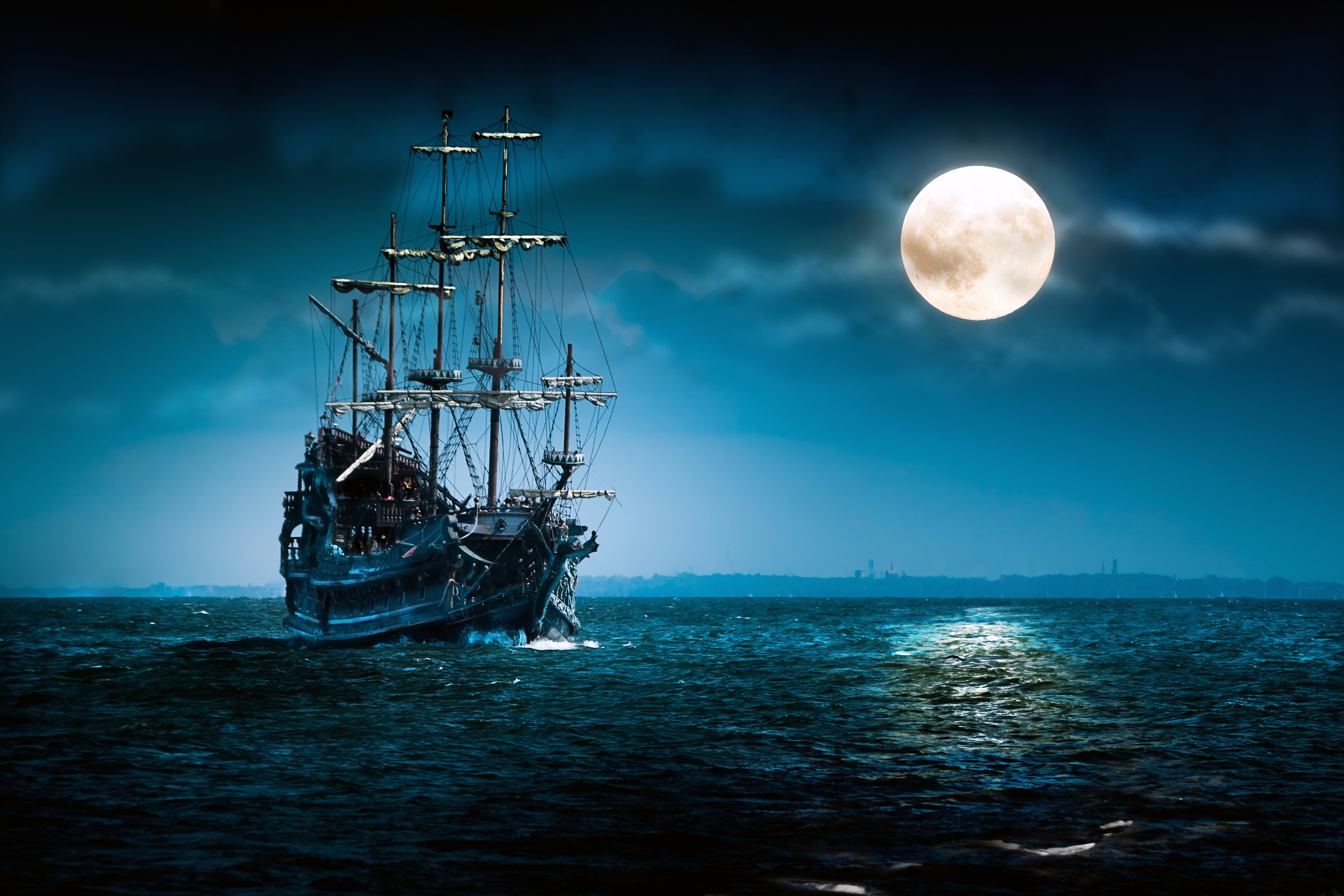 sailboat, fantasy, moon, night, ship UHD